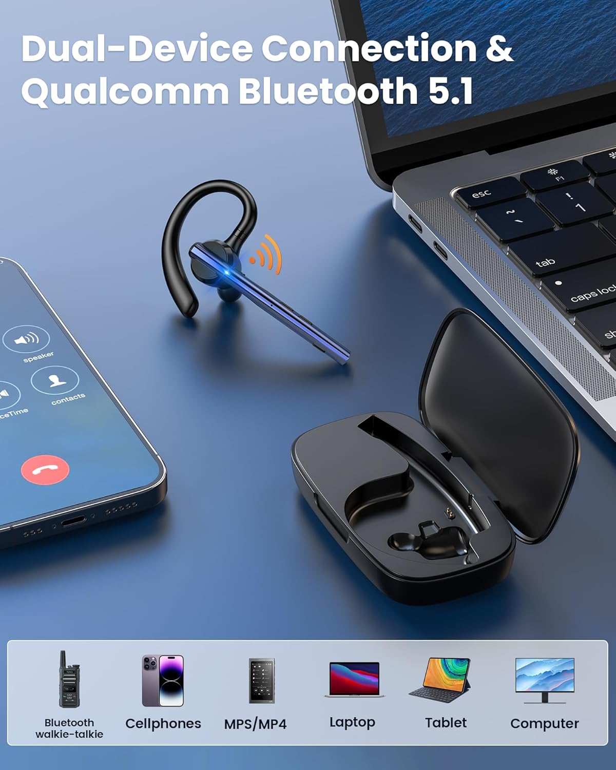 Detalle de New Bee Bluetooth Headset V5.1 with Dual Mic, CVC 8.0 & 500mAh Charging Case (Blue)