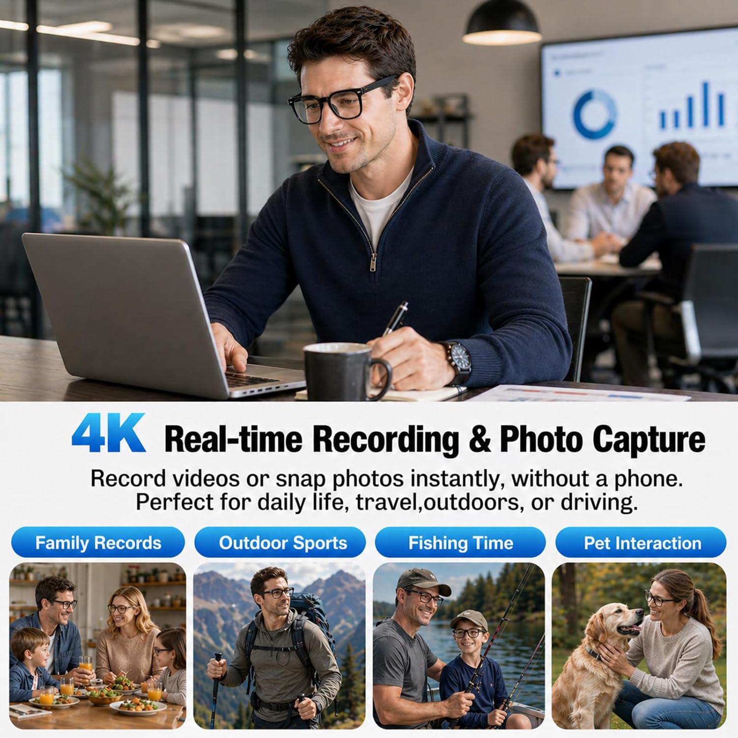Thumbnail 2 de AI Smart Glasses with Camera (4K Video/Photo Capture) for Travel — Real-Time Translation & Open-Ear Audio