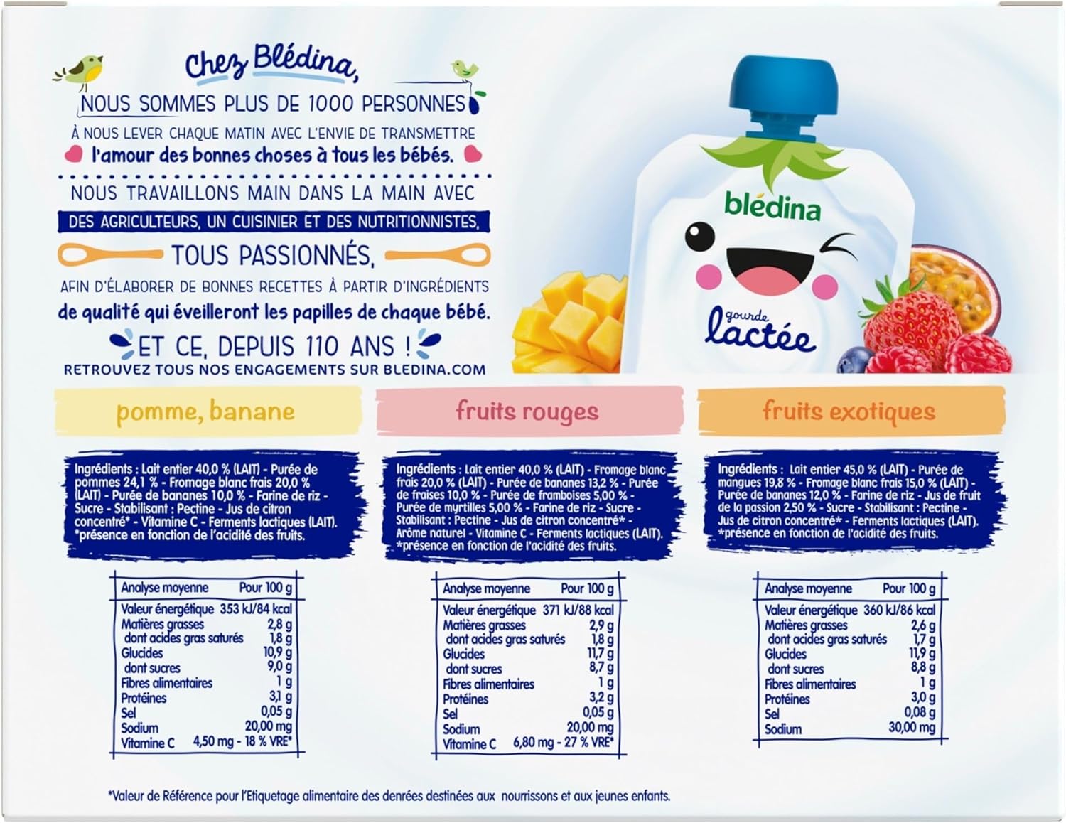 Detalle de BLÉDINA Gourdes lactées aux Fruits Bébé – Fruits Rouges / Pomme Banane / Fruits Exotiques (dès 10 mois) – 4 x 8 x 85 g