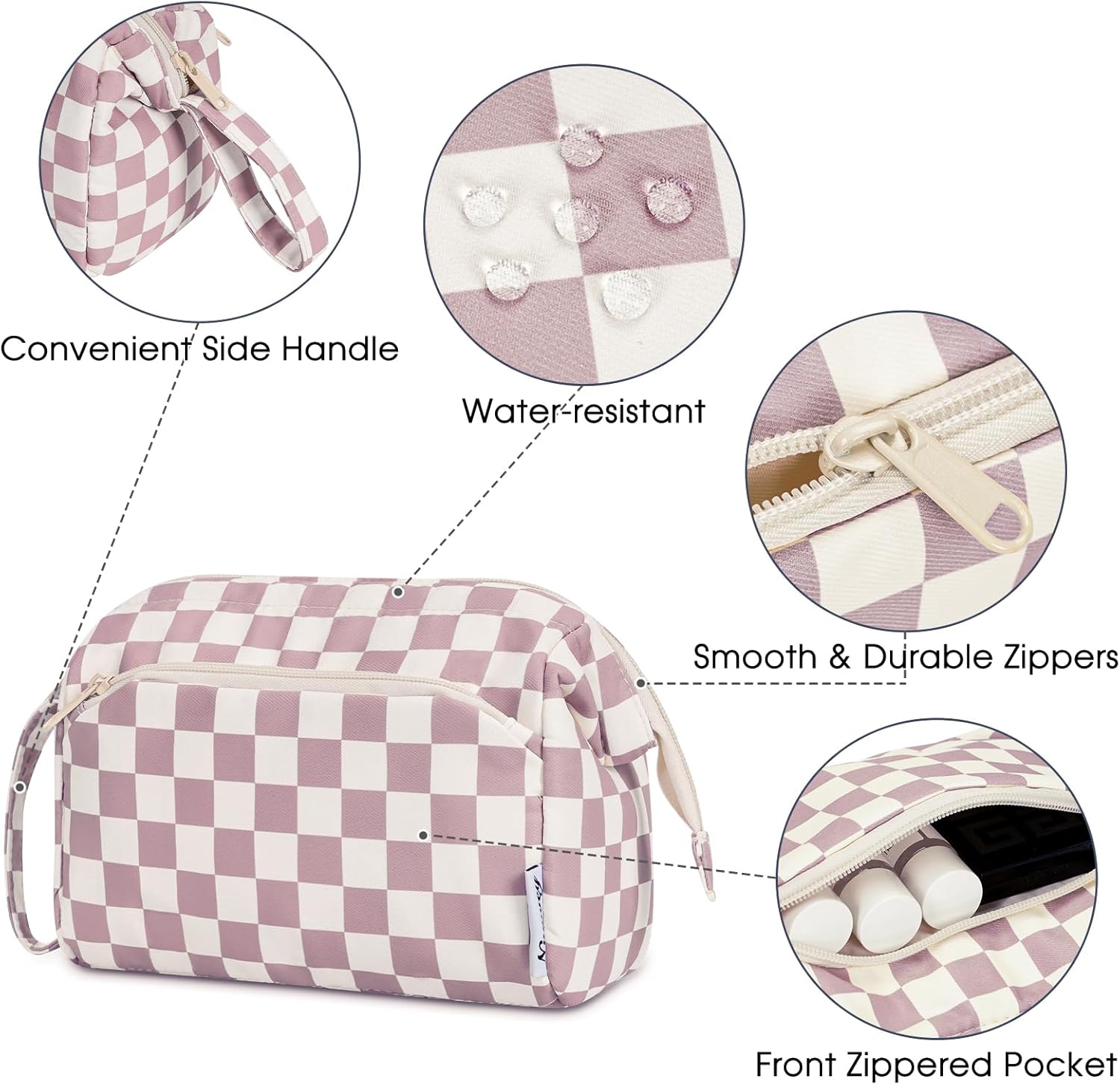 Thumbnail 3 de Narwey Large Makeup Bag – Wide-Open Zipper Pouch, Pink Checkerboard