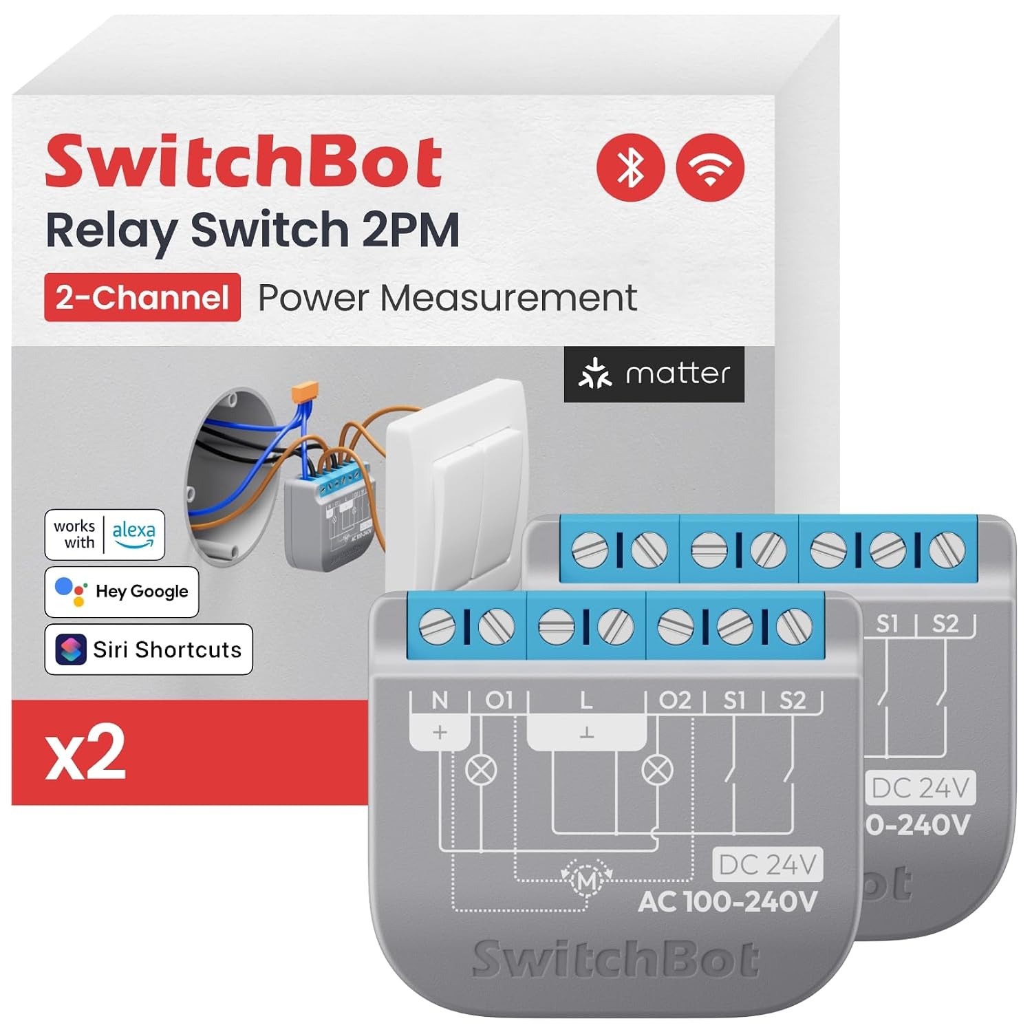 Detalle de SwitchBot WLAN Schalter 2PM (2er-Pack) mit Bluetooth-Repeater – kompatibel mit Alexa, Apple Home & Google Home