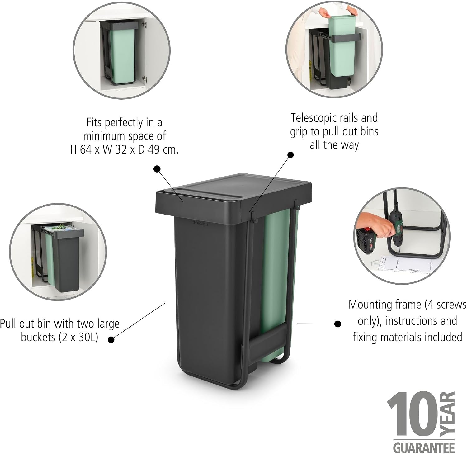 Detalle de Brabantia Sort & Go uitschuifbare inbouwprullenbak 2 x 30 liter, grijs-groen