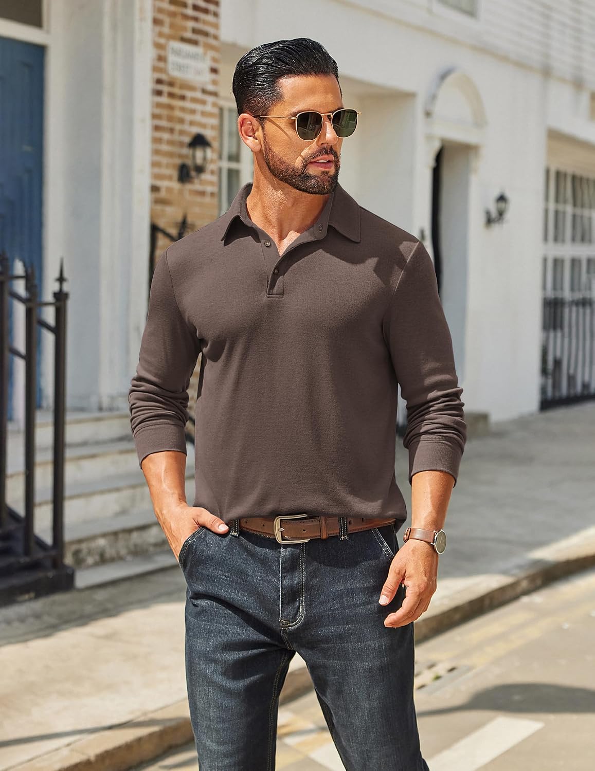 Detalle de COOFANDY Men's Long-Sleeve Polo Shirt