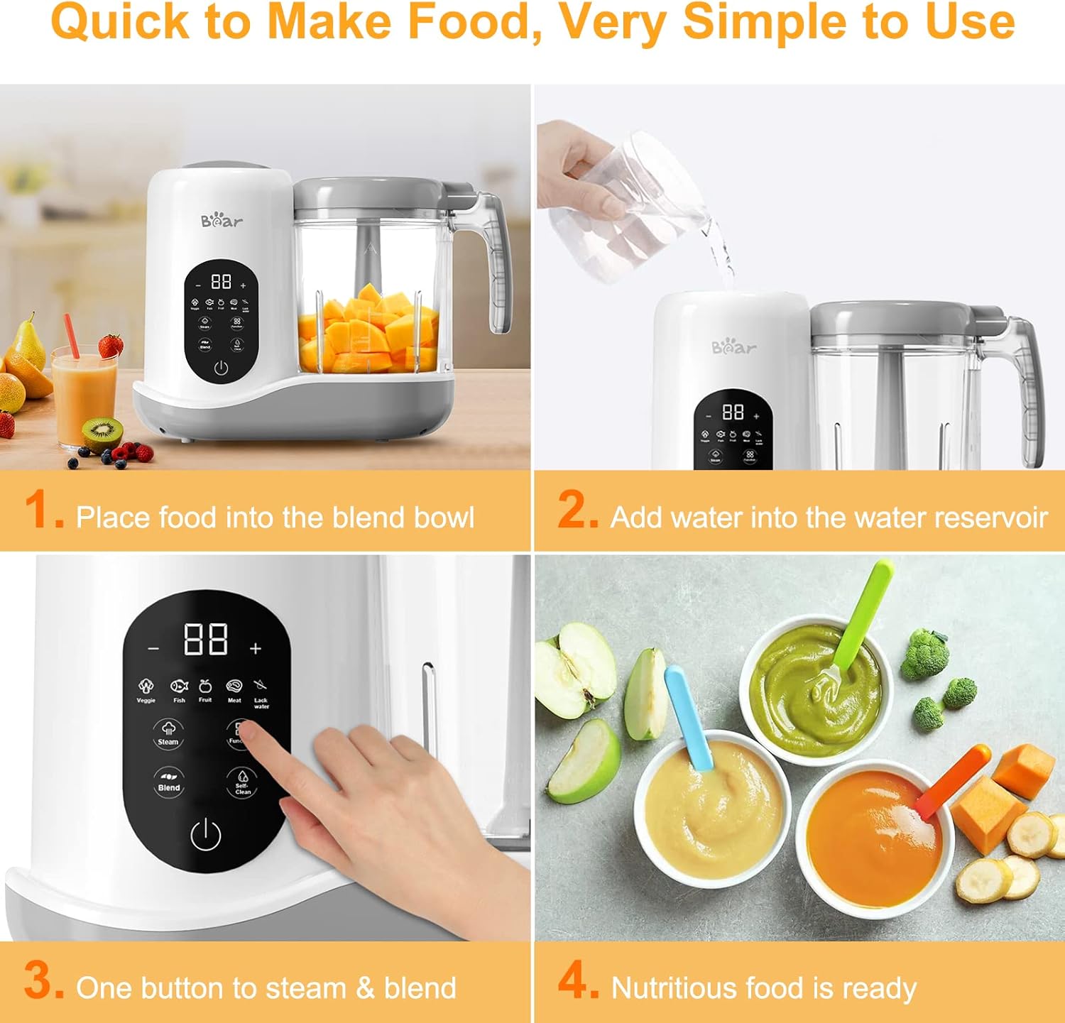 Thumbnail 3 de Bear Baby Food Maker (One Step) with Auto Cooking, Grinding, Self-Clean and Touch Screen Control