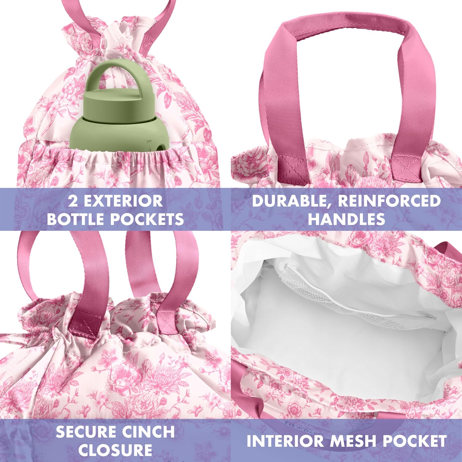 Thumbnail 5 de Fit & Fresh Cromwell Drawstring Lunch Bag Set for Women (Pink Floral Toile) with 2 Containers
