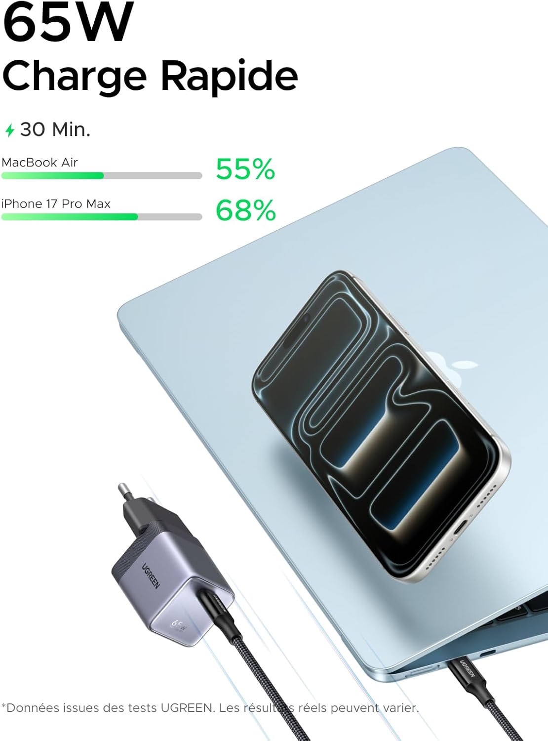 Detalle de UGREEN Nexode Air 65W: Chargeur USB-C GaNInfinity avec câble 100W — polyvalent et compact