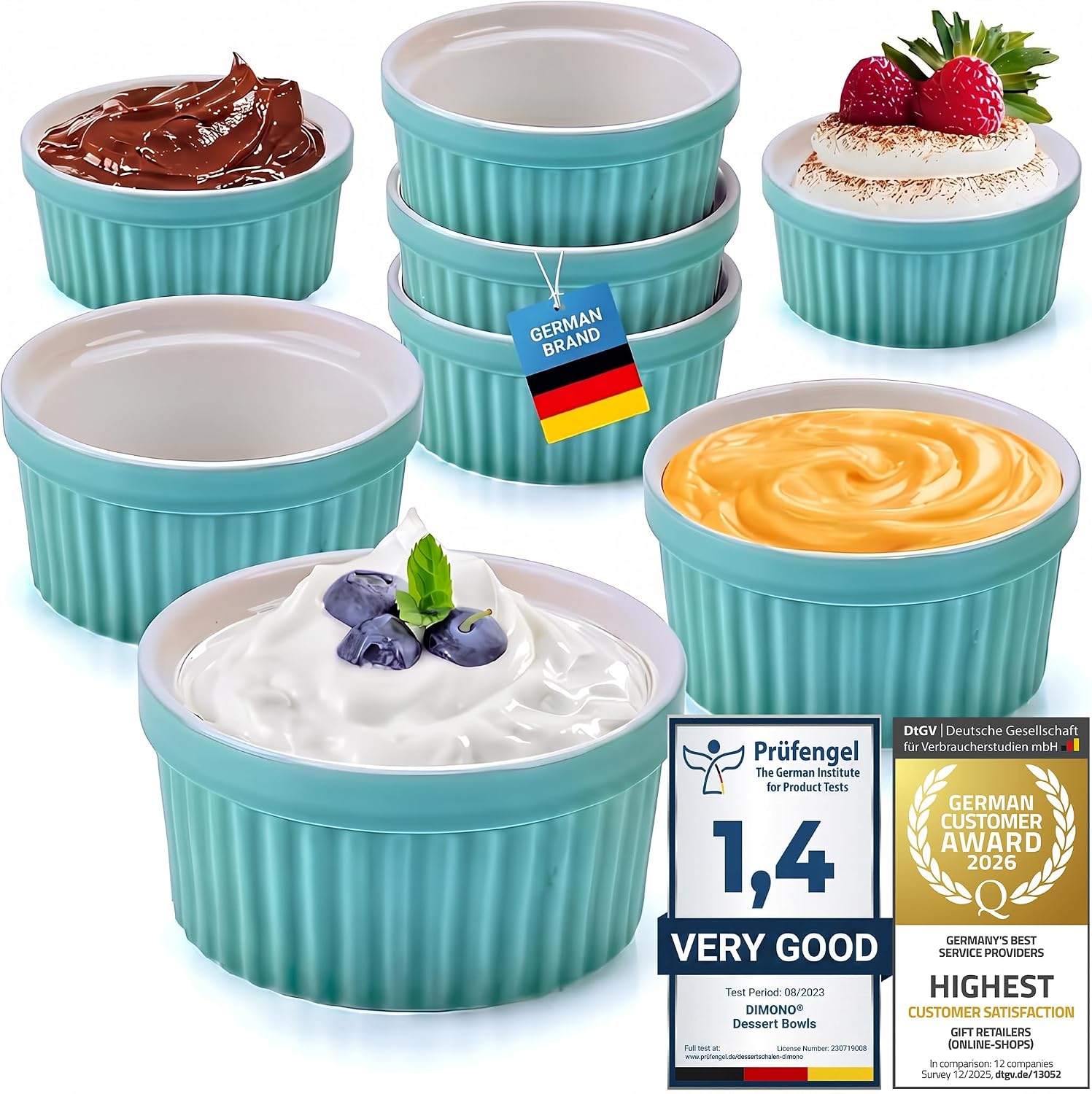 Detalle de Dimono ramekins i keramik, set om 8 – 170 ml, turkosa och ugnssäkra till 350 °C
