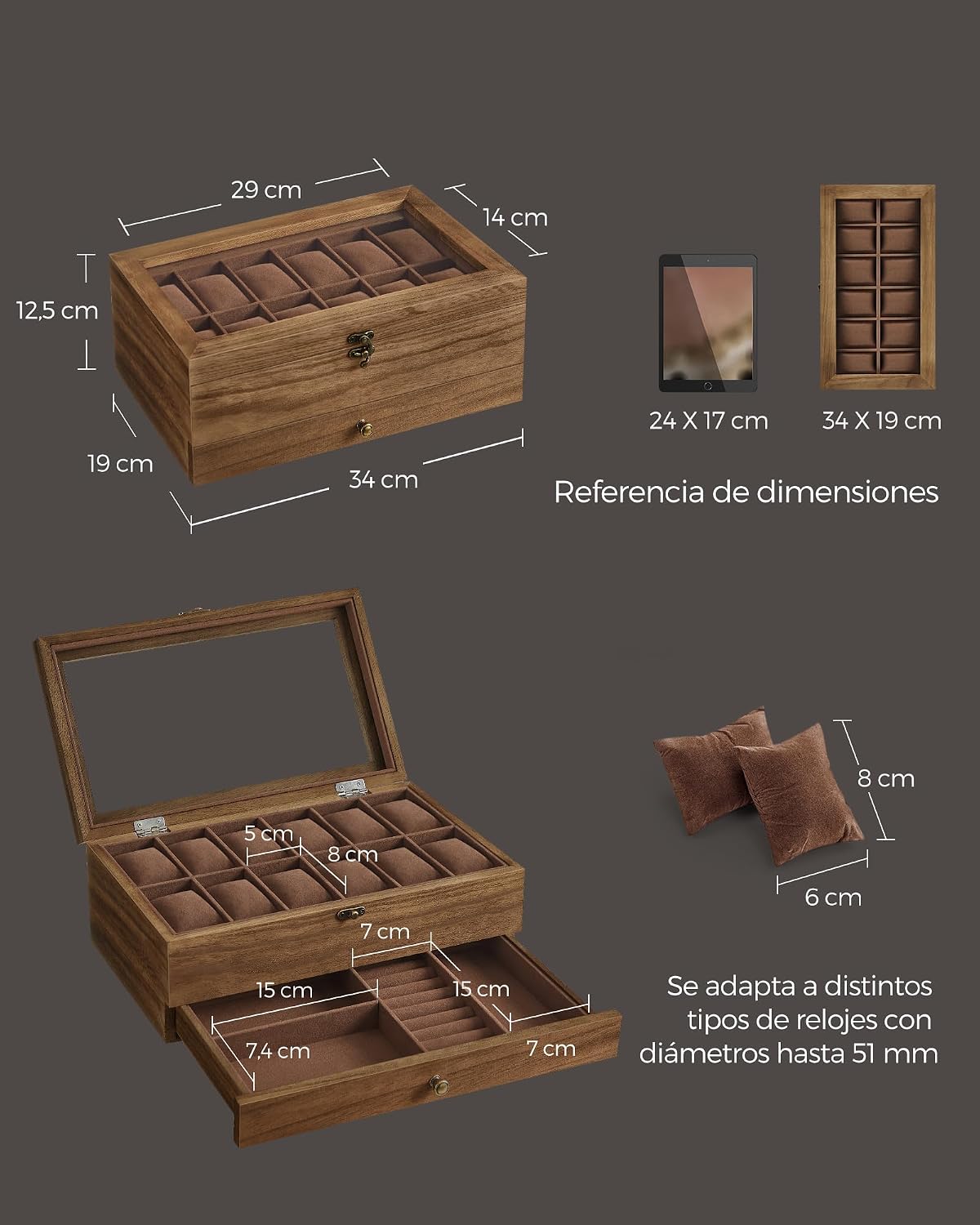 Detalle de SONGMICS Caja de Relojes con 12 Ranuras JOW012K01 – Estuche de Madera de Dos Niveles con Tapa de Cristal