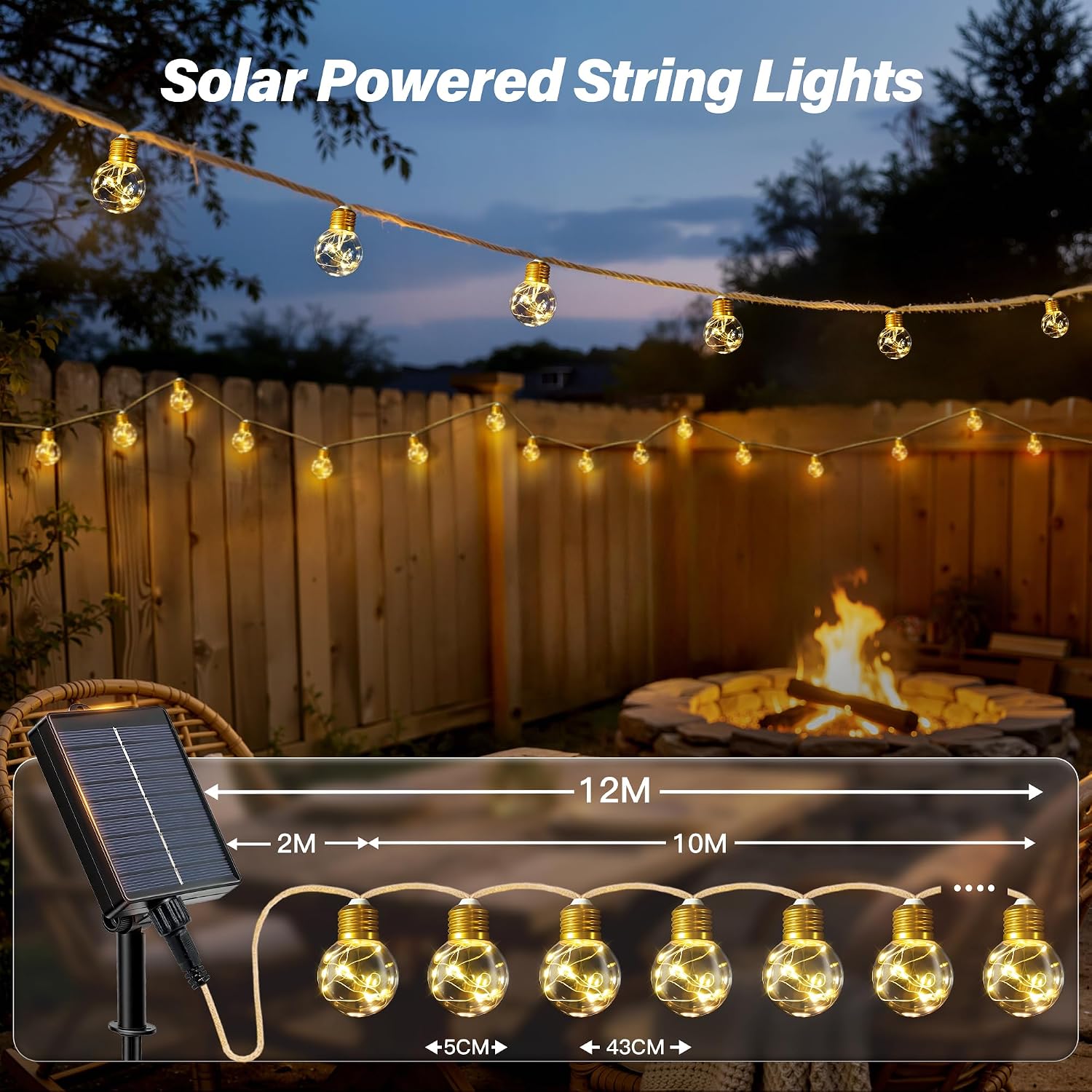 Detalle 2 de Ollny 12M 24 Shatterproof G50 LED Solar Hemp Rope Festoon Lights with Remote