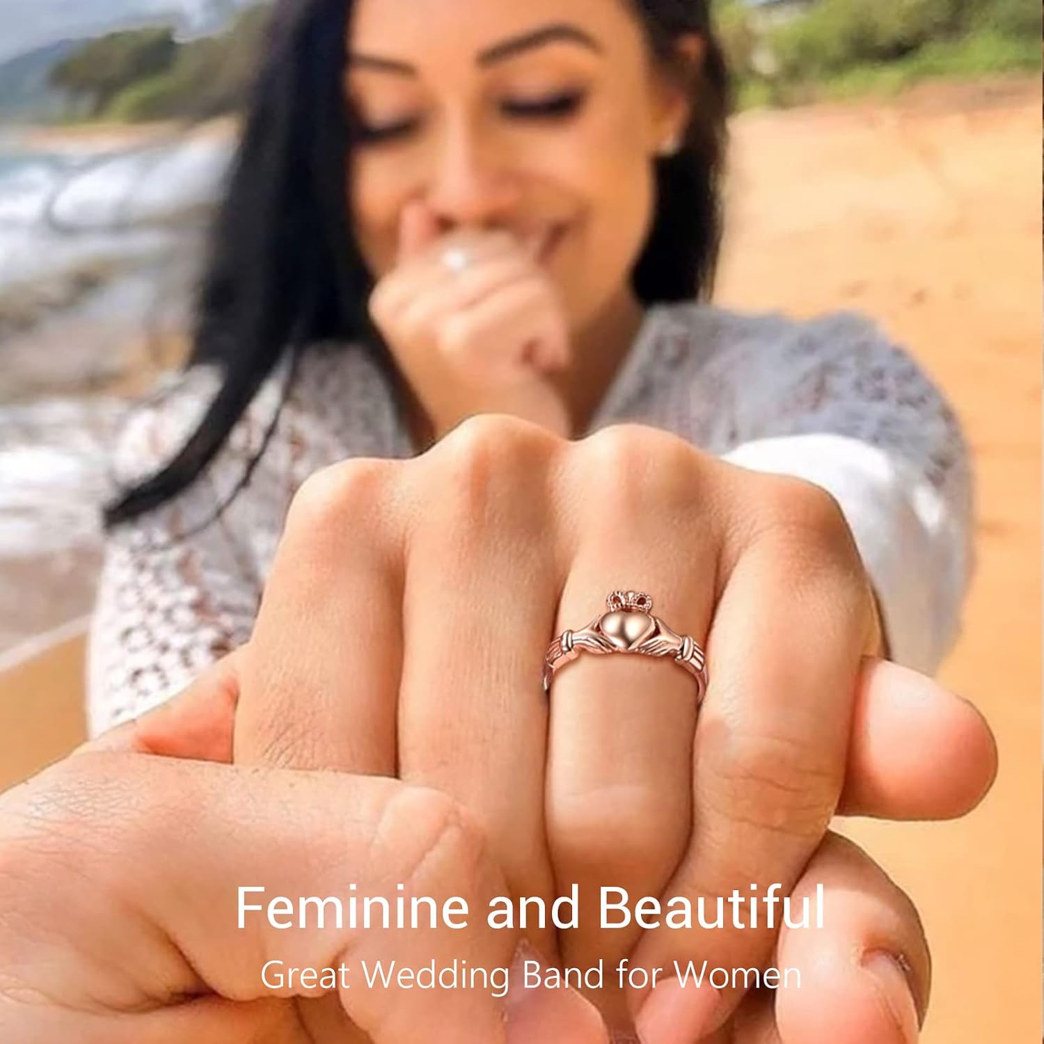Detalle de PROSILVER Bague celtique Irlandaise Claddagh/Tríquetra en argent 925, plaqué or rose, personnalisable (taille 47-67)