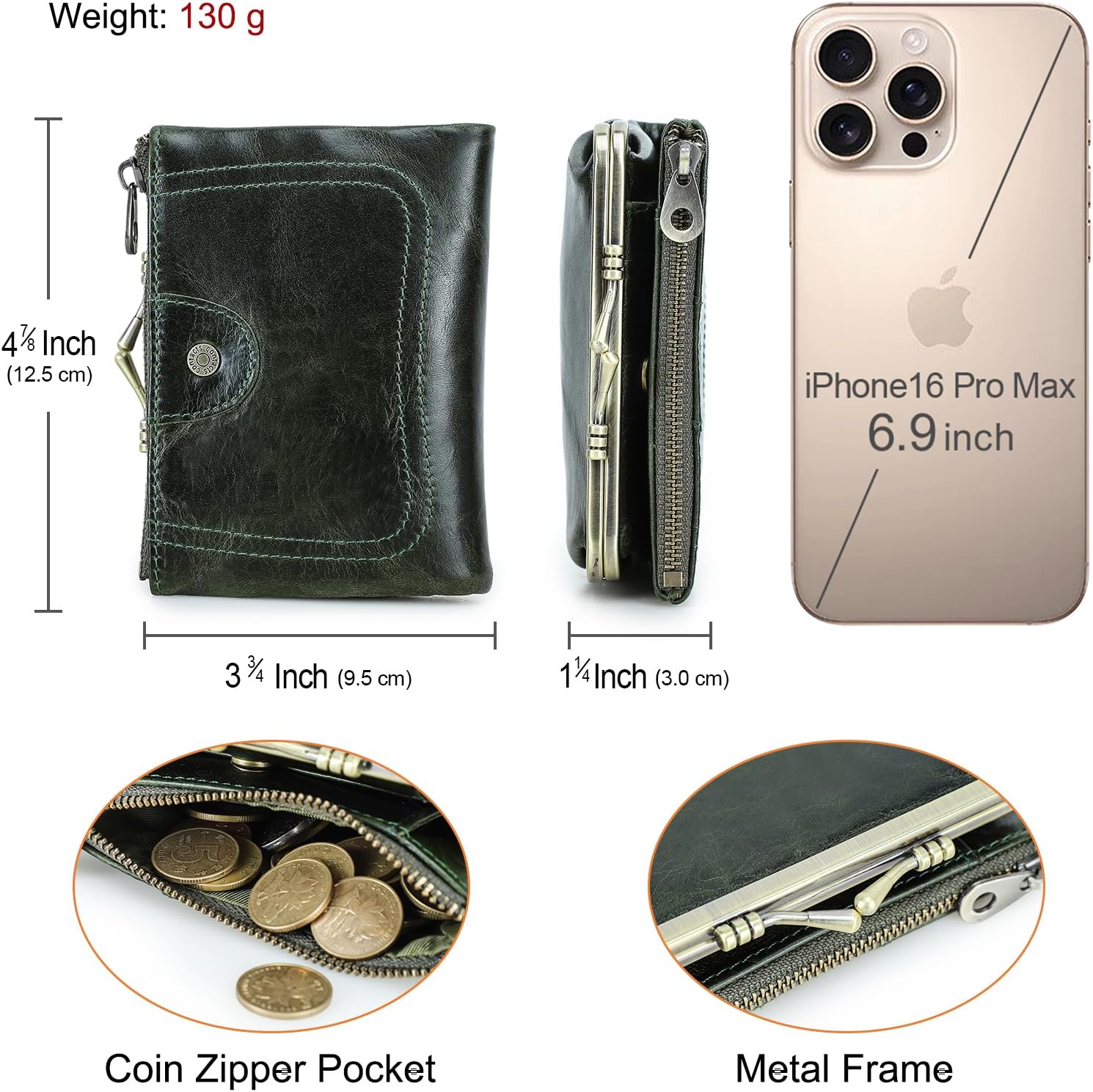 Thumbnail 5 de CONTACTS Women’s RFID Wallet with Kiss Lock – genuine leather compact bifold coin purse with zip & card slots in dark green