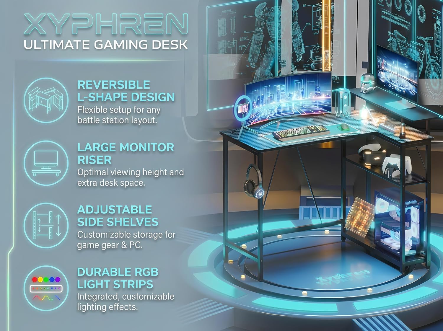 Detalle de Xyphren L Shaped Gaming Desk with RGB LED Lights, Power Outlets & Adjustable Shelves (Carbon Black)