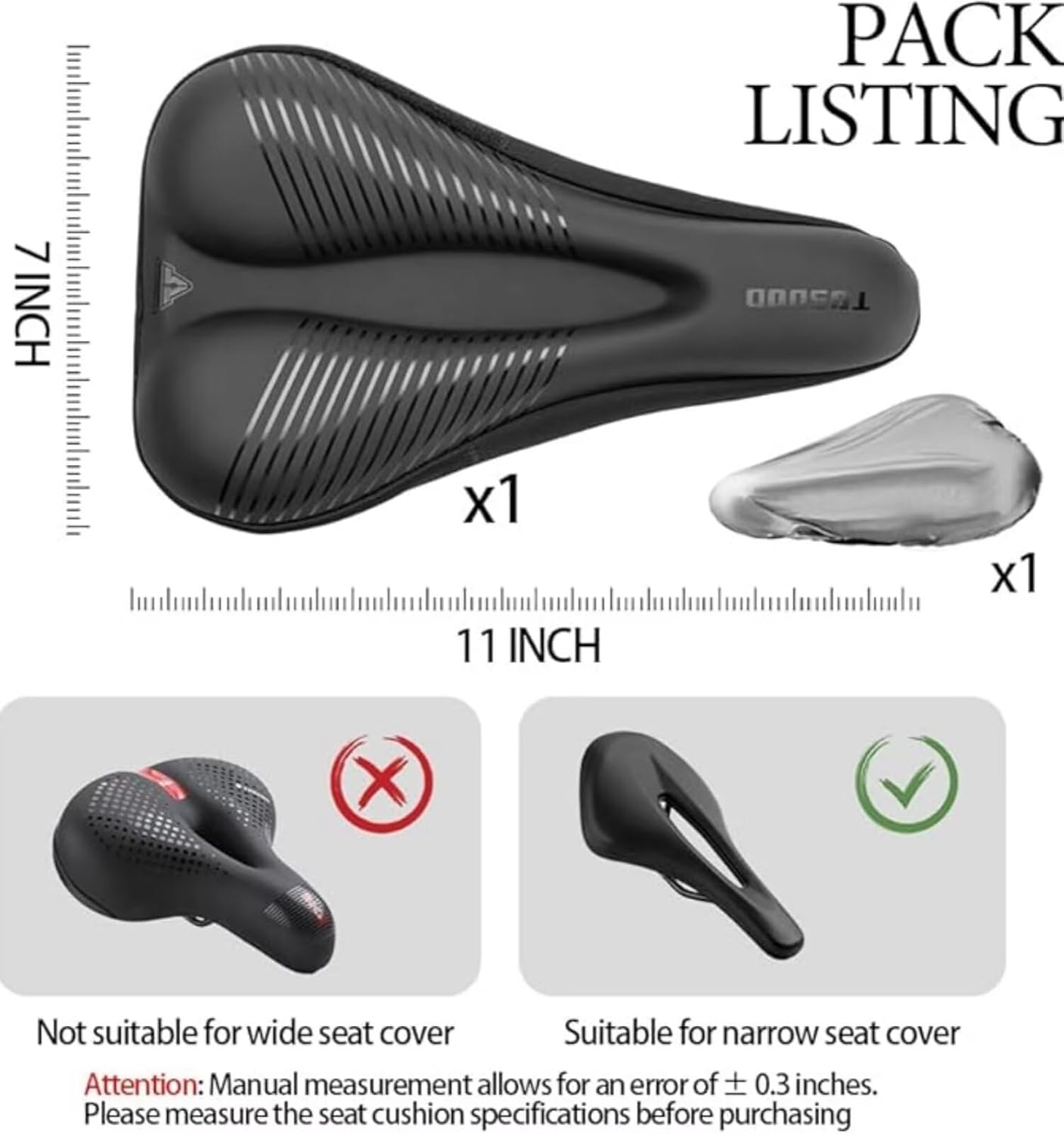 Detalle de ROSSRORE Premium Gel Bike Seat Cushion Cover — 11x7 inches, Universal Fit