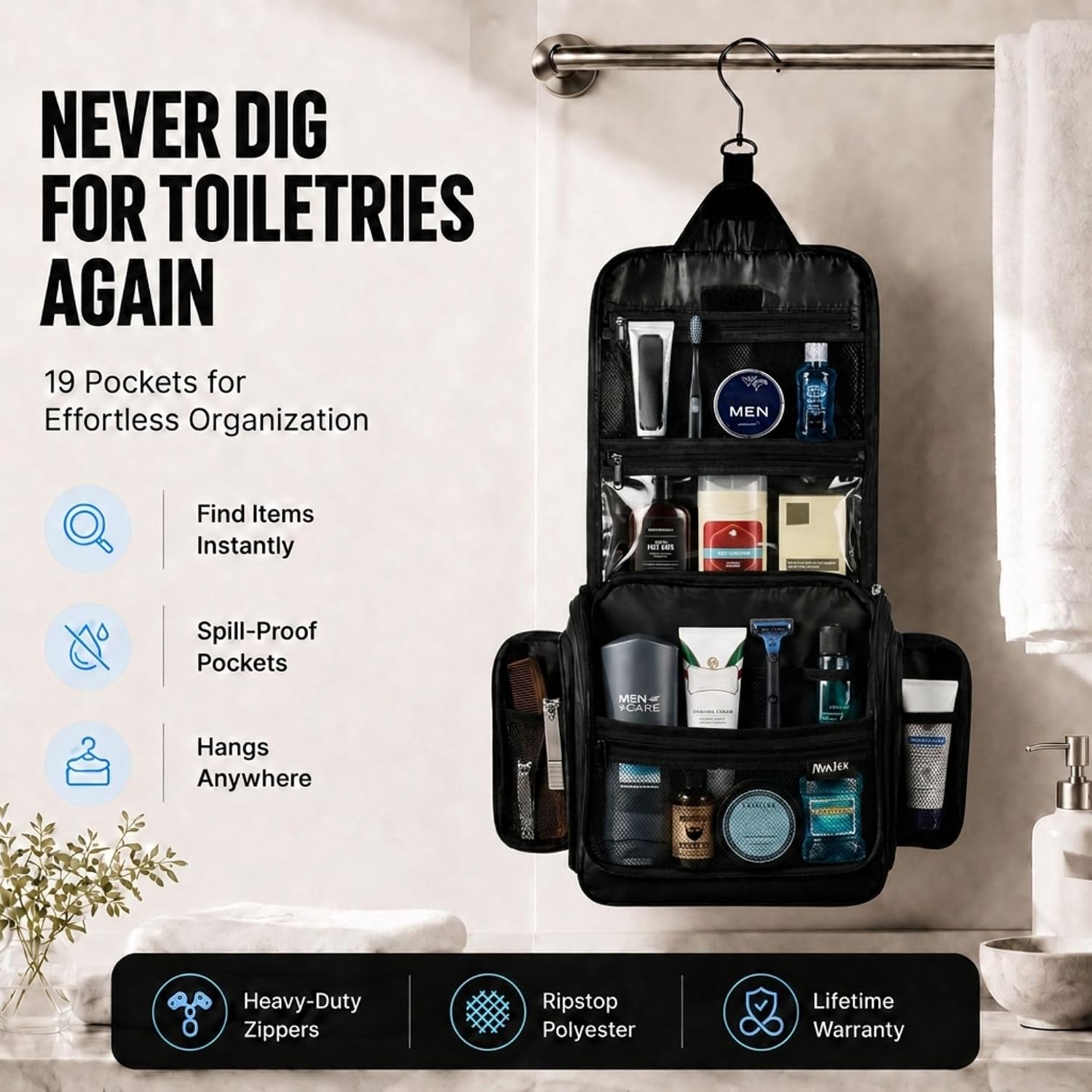 Thumbnail 1 de Men & Women Travel Toiletry Bag with 19 Compartments (10.6”x10.6”x3.2”) Waterproof Lining and Metal Swivel Hook