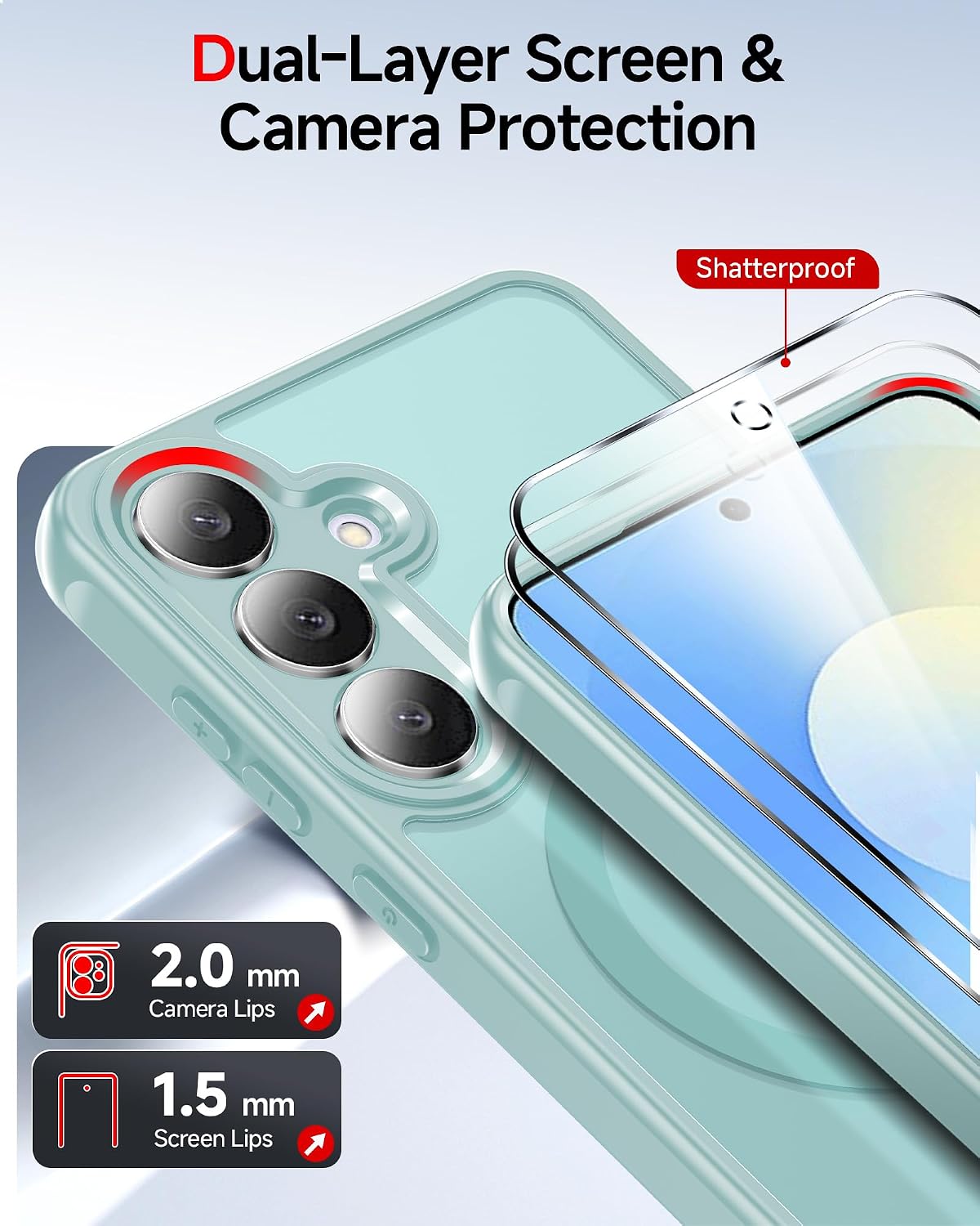 Detalle de LeYi for Samsung Galaxy S25 FE phone case with magnetic grip & 2 tempered glass screen protectors (mint green)