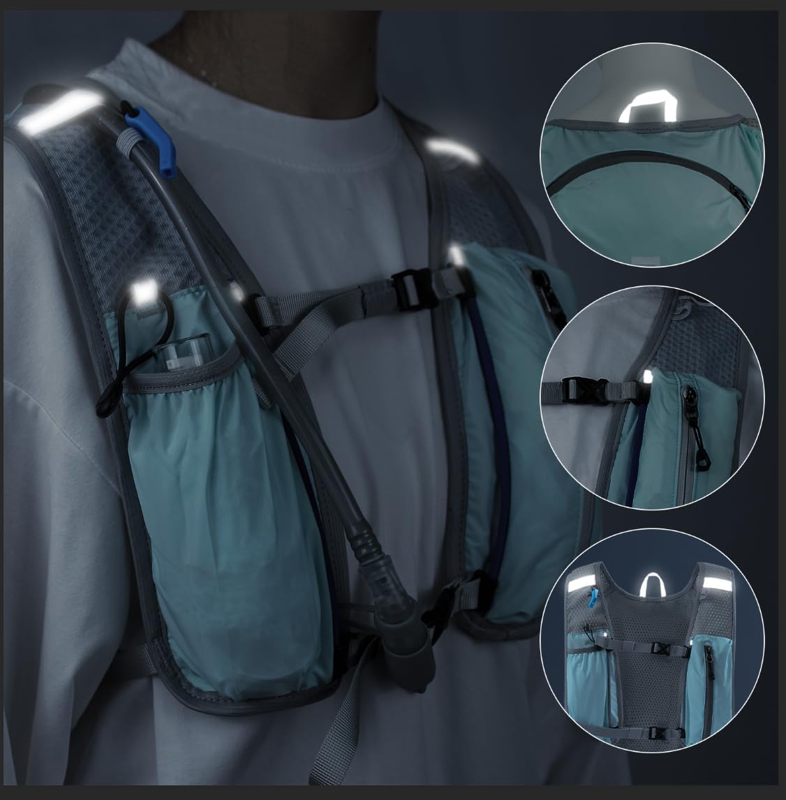 Detalle de Laufweste Damen & Herren mit 1.500-ml-Trinkflasche – 5L Running Vest Trinkrucksack mit Handyhalterung