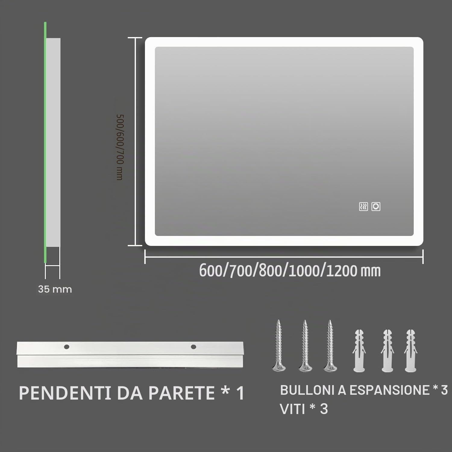 Thumbnail 4 de MIQU Specchio da bagno LED 80x60 cm con touch, luce dimmerabile e antiappannamento