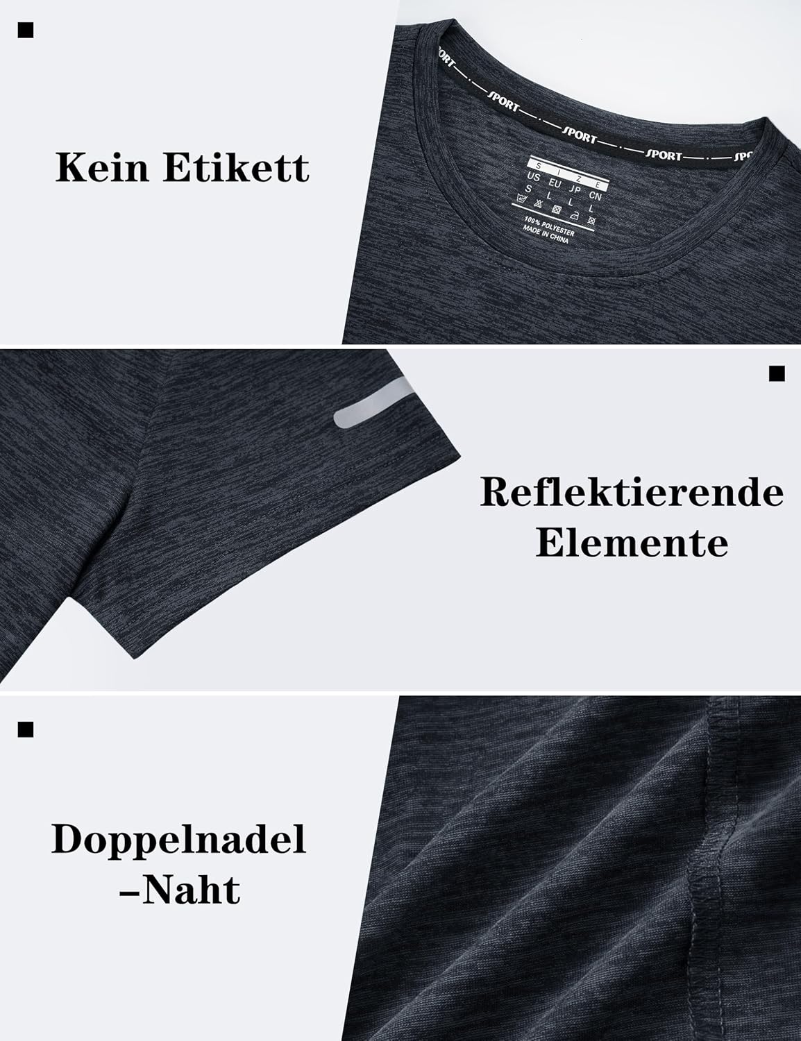 Detalle de KEFITEVD Melange Sportshirt Damen Kurzarm mit Reflextstreifen – atmungsaktiv, schnelltrocknend, Regular Fit