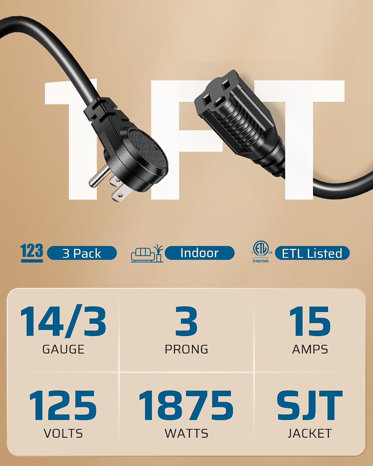 Detalle 2 de DEWENWILS Indoor Extension Cord 1 ft