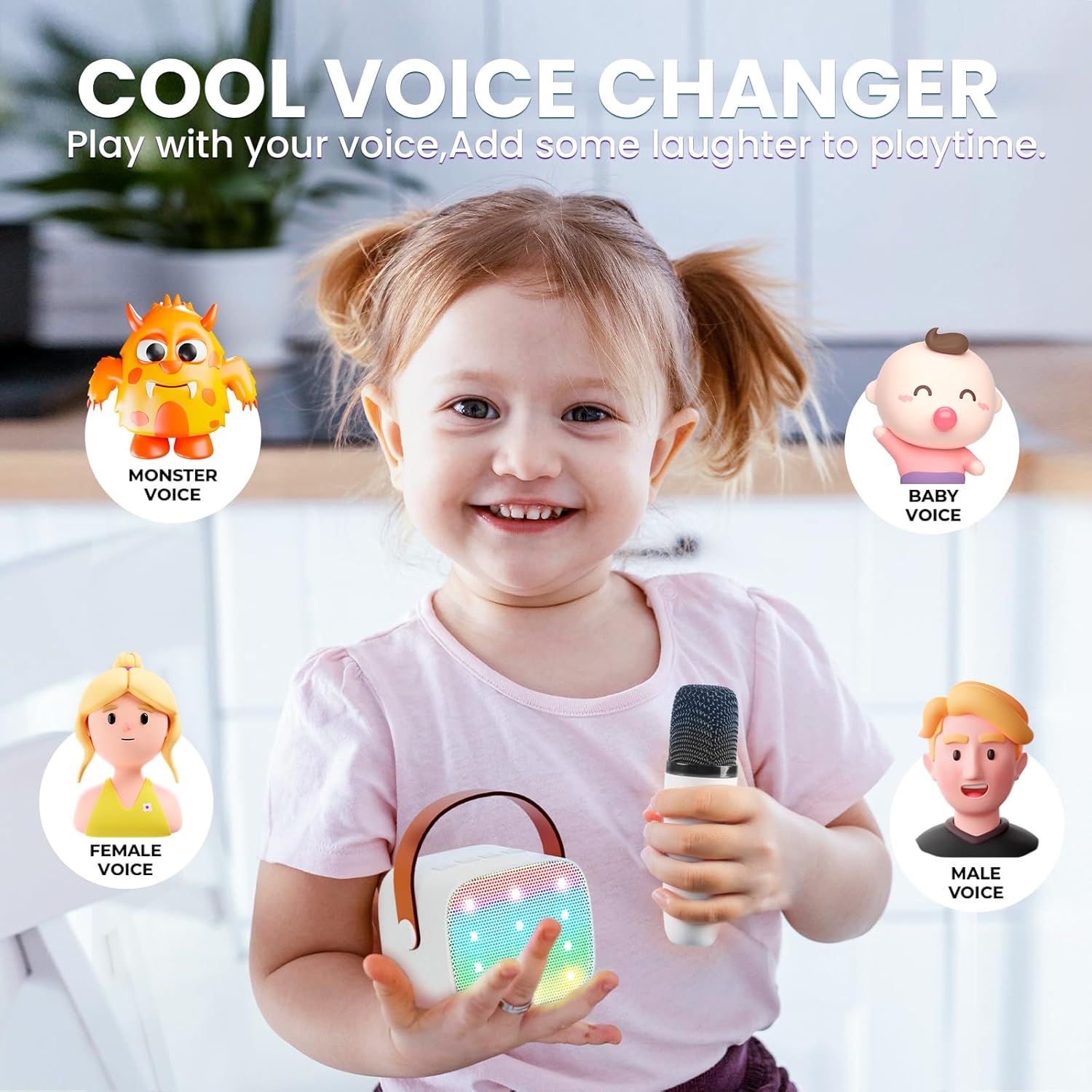 Thumbnail 6 de Kinder Karaoke Maschine mit Bluetooth-Lautsprecher, 2 Mikrofone, LED-Lichteffekte – Tragbare Karaoke-Box (Weiß)