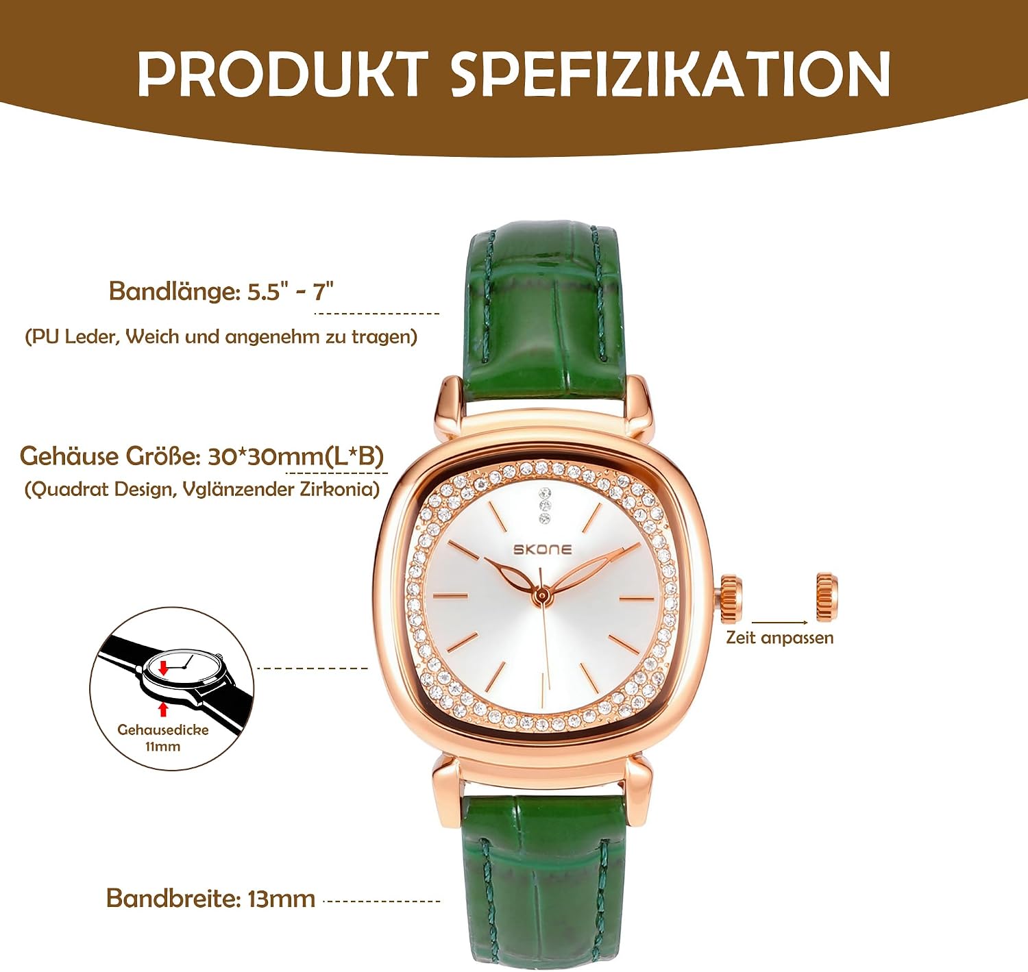 Detalle de JSDDE Damen Armbanduhr mit Lederarmband – Elegant, Roségold Gehäuse, Quarzwerk