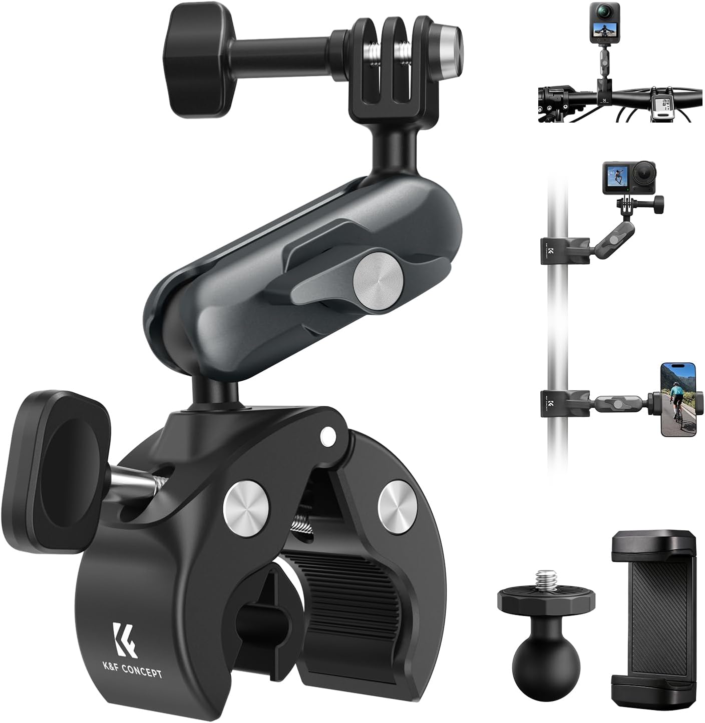 Detalle de K&F CONCEPT Support Super Pinces double rotule 360° pour caméra d’action (guidon vélo/moto)