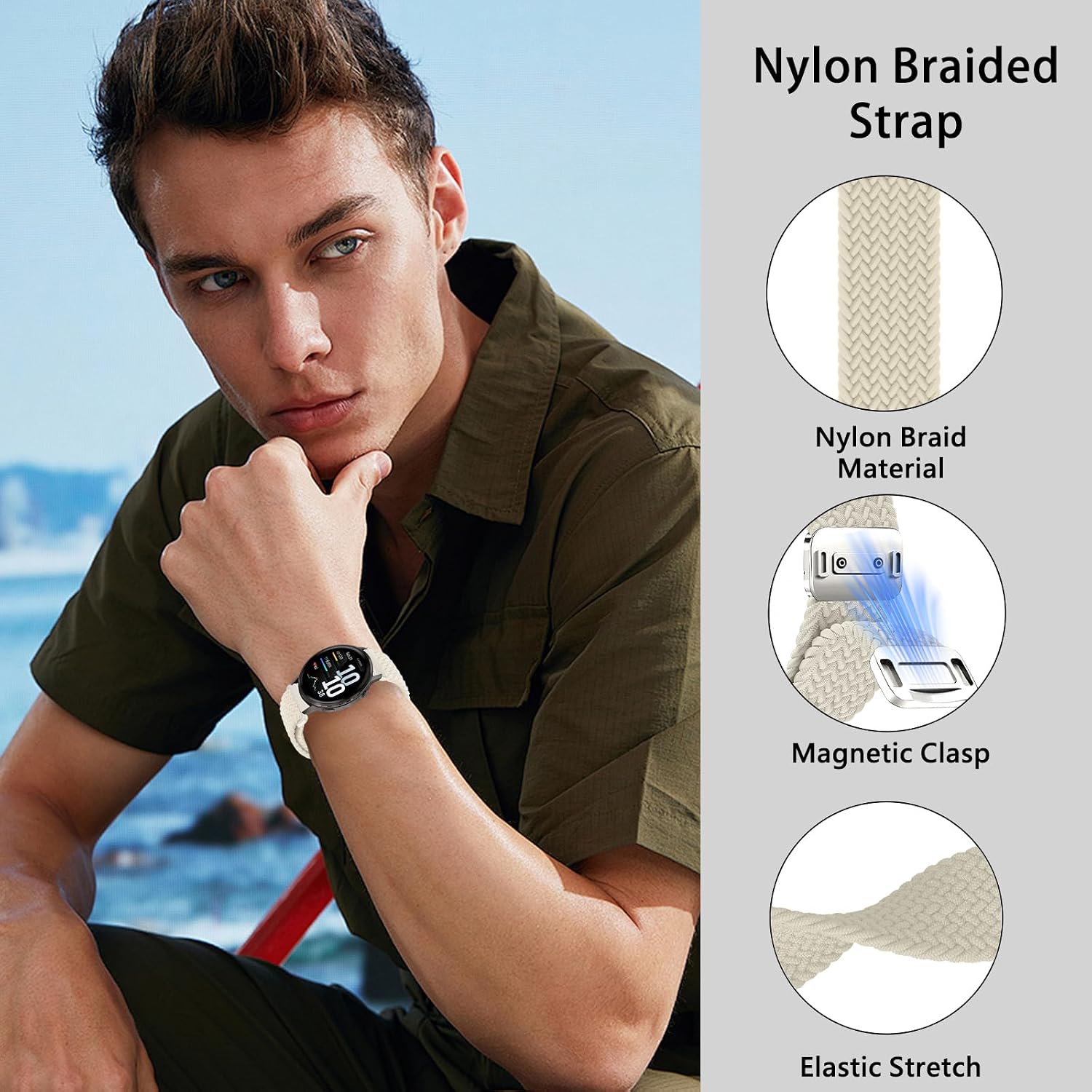Detalle 2 de CiimWaa Armband 22mm / 20mm Elastisch mit Magnetverschluss – Nylon, Schnellverschluss, kompatibel mit Huawei, Amazfit, Garmin, Xiaomi