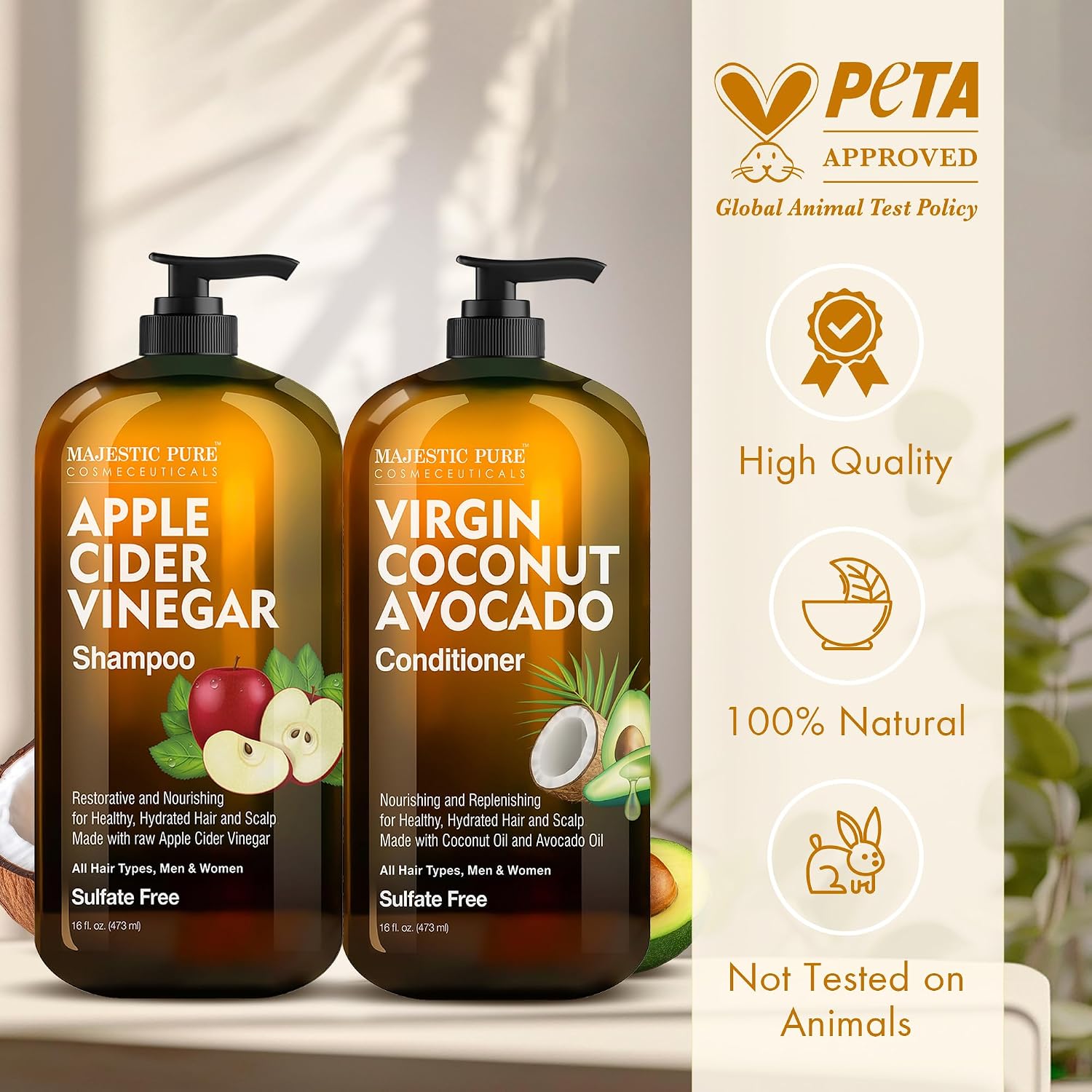 Detalle de Majestic Pure Apple Cider Vinegar Shampoo & Avocado Coconut Conditioner Set (Sulfate-Free) – 2 x 16 fl oz
