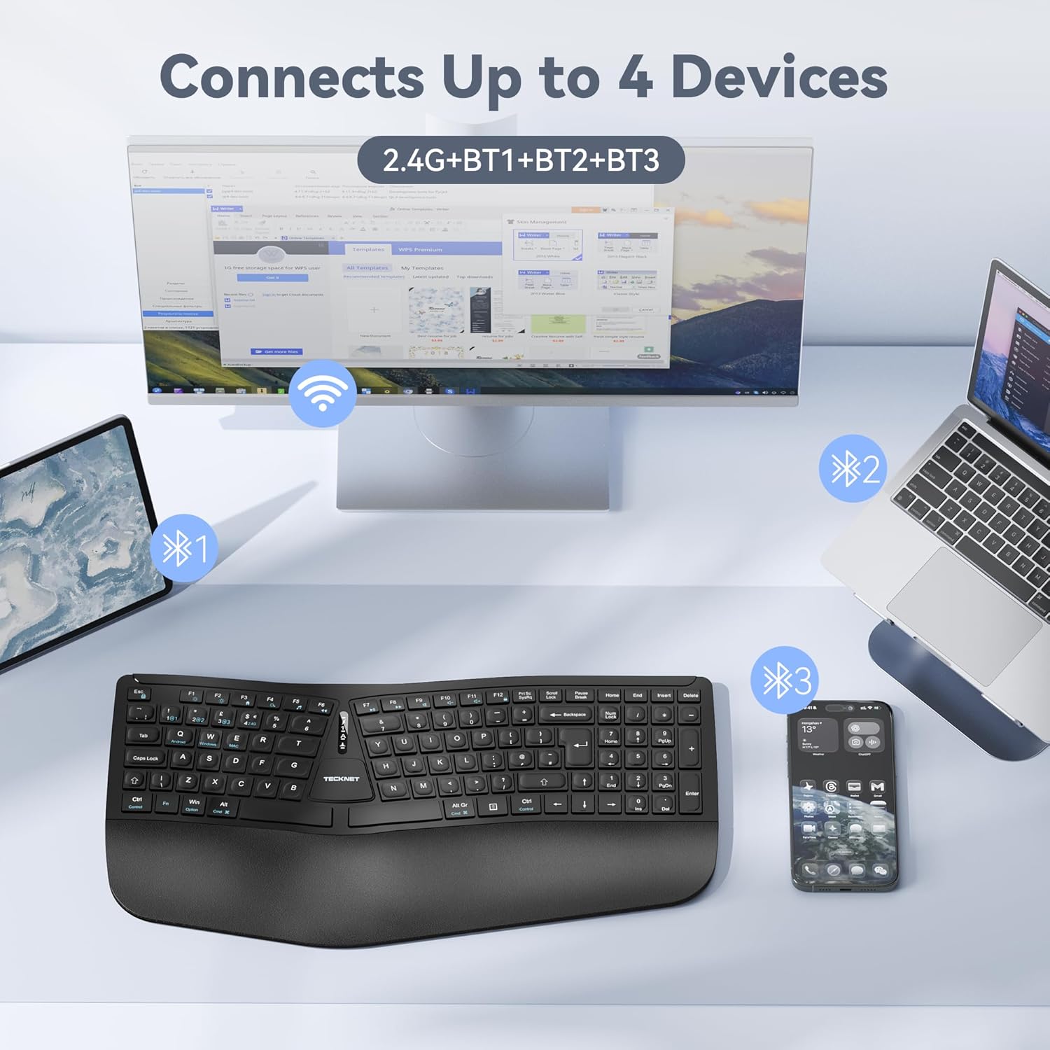 Thumbnail 1 de TECKNET Wireless Ergonomic Keyboard (2.4G USB & Bluetooth) with Wrist Rest