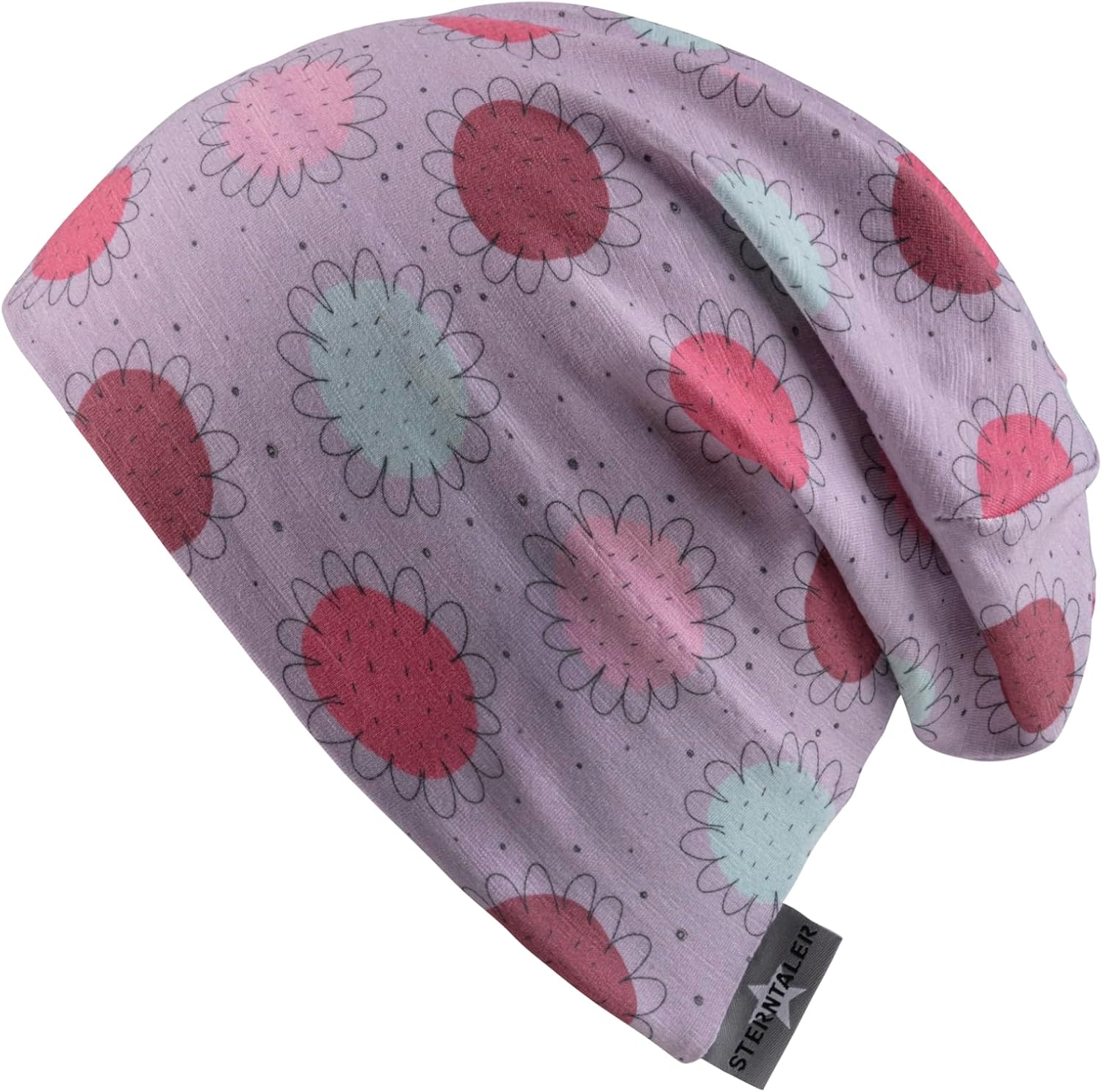 Detalle de Sterntaler Beanie bedruckt mit Blümchen für Mädchen – Baby und Kinder Mütze aus Mischgewebe