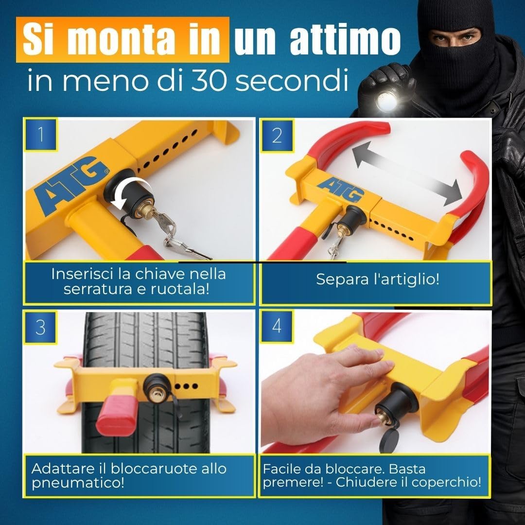 Detalle de ATG Bloccaruota Auto e Rimorchio – Antifurto meccanico universale per auto, caravan, rimorchi, scooter e moto (18–28 cm)