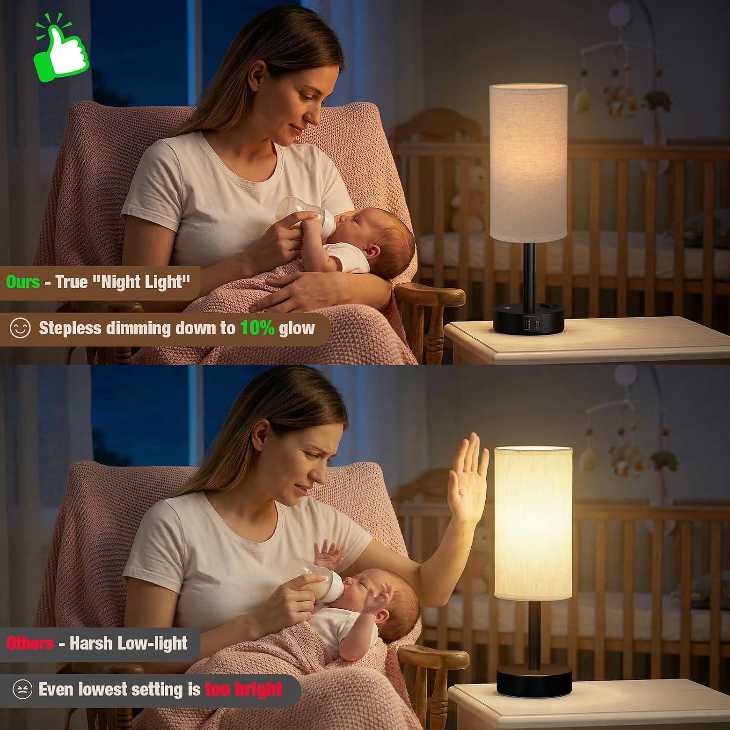 Detalle de aooshine R2TE1 Touch Bedside Lamp, Stepless Dimming, USB-A/C and AC Outlet