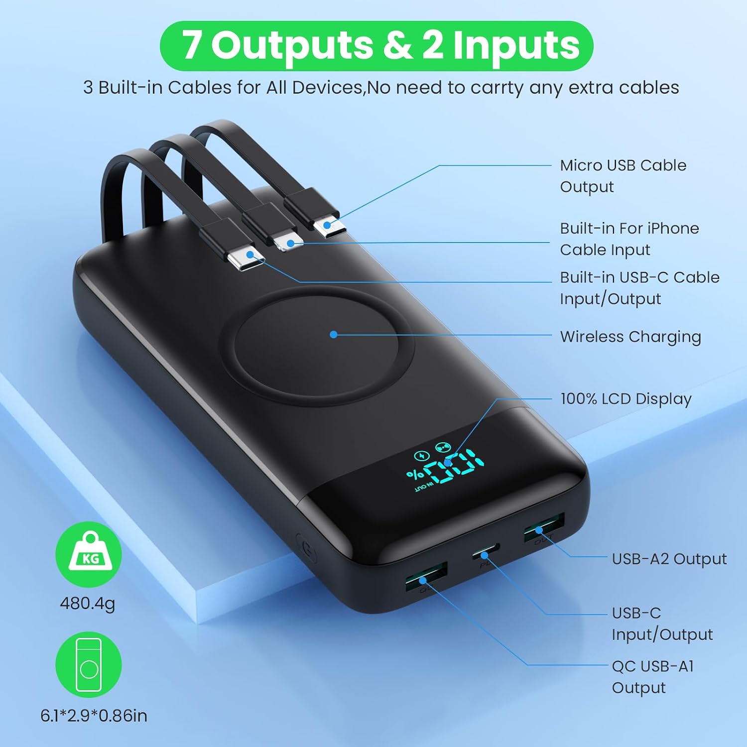 Detalle 2 de Wireless Power Bank 26800mAh 7-in-1 mit LCD-Display, 25W PD3.0 + QC4.0, 6 Ausgängen und integriertem Kabelset