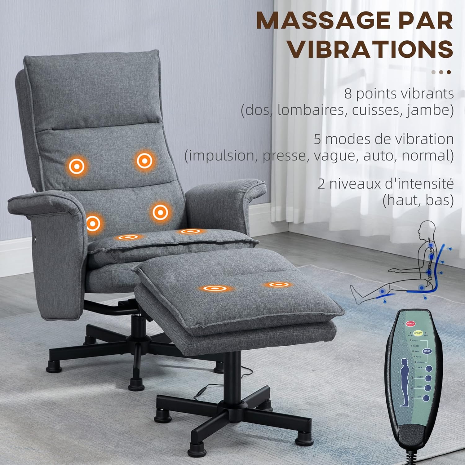Thumbnail 3 de HOMCOM Fauteuil massant Gris 78x93x99 cm