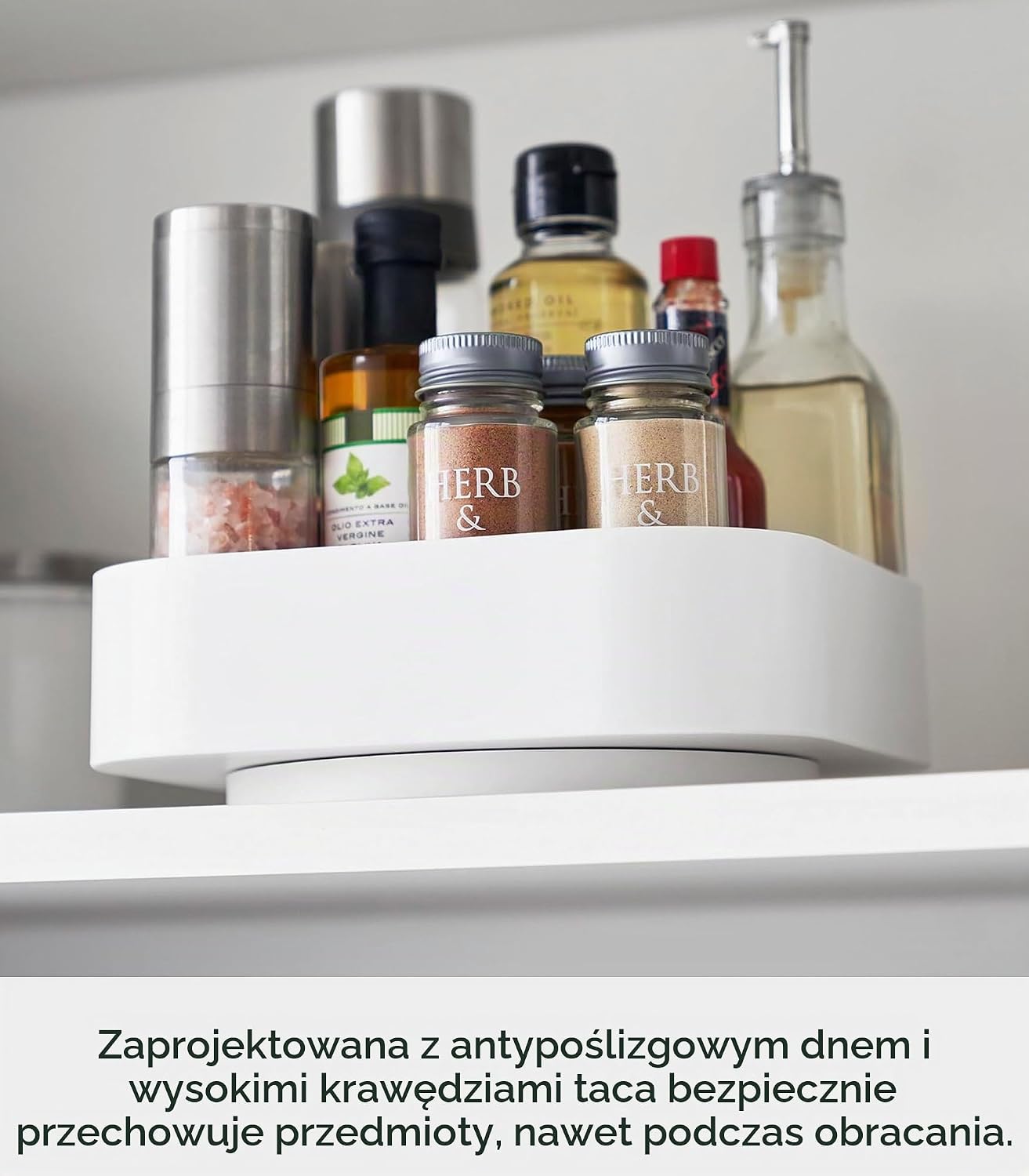 Detalle de Yamazaki 2198 TOWER – biała obrotowa tacka do przechowywania z ABS i silikonu