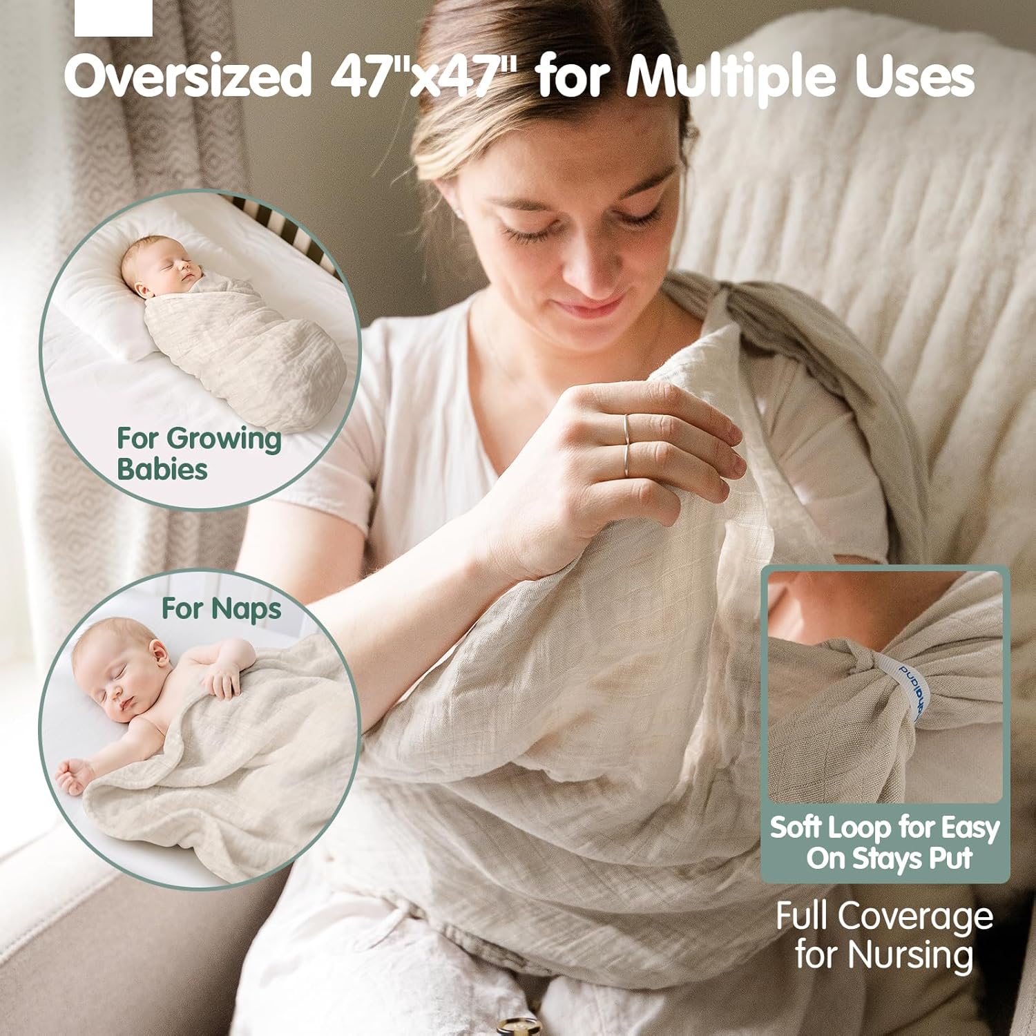 Detalle de hahaland 100% Bamboo Muslin Swaddle Blankets 3 Pack (1 Large 120x120cm + 2 Standard 100x100cm) in Green