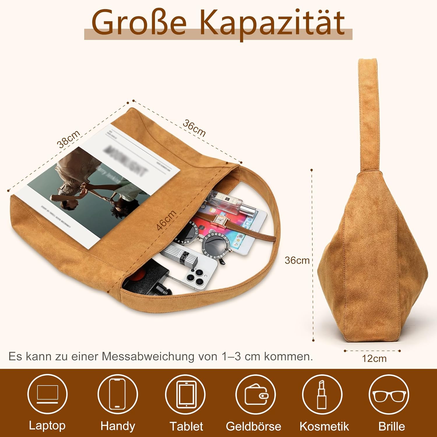 Thumbnail 2 de Gluckstar Handtasche Damen Groß – Künstliche Wildleder Tasche, eleganter Shopper für Arbeit, Freizeit und Reisen