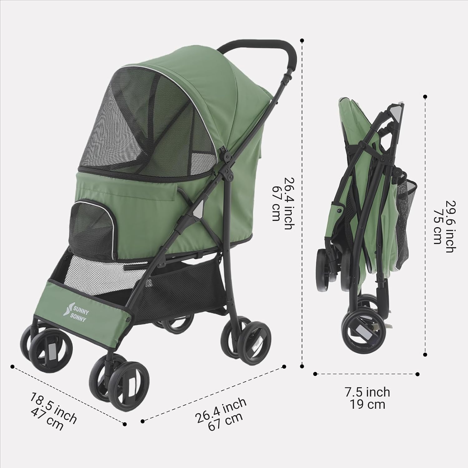Detalle 2 de Sunny Sonny Faltbarer Jogger Haustier-Kinderwagen Grün – bis 15 kg, Wetterabdeckung, Aufbewahrungskorb und Innen-Tragetasche