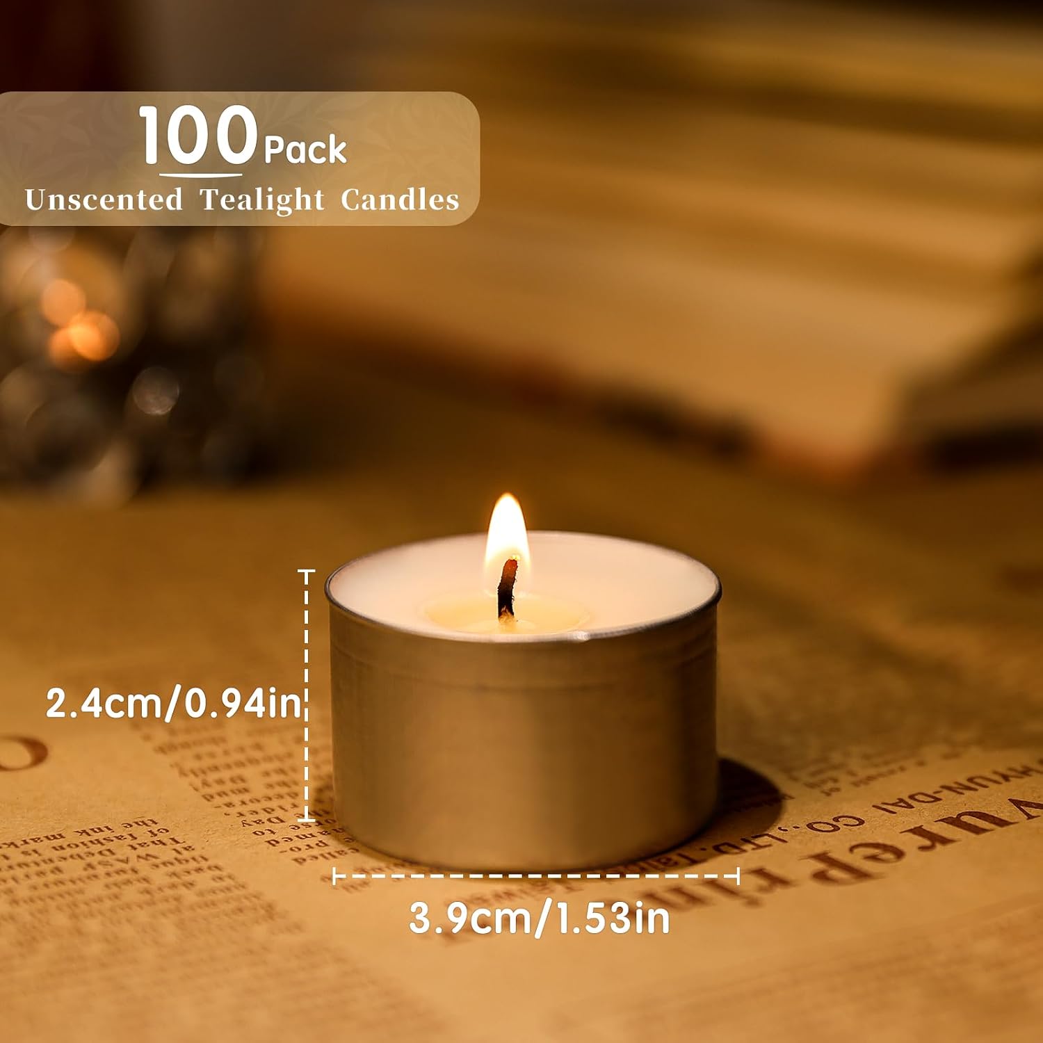Detalle de 100 Pack 8 Hour Vegan Wax Tea Light Candles — Unscented, Long Burning with Cotton Wicks