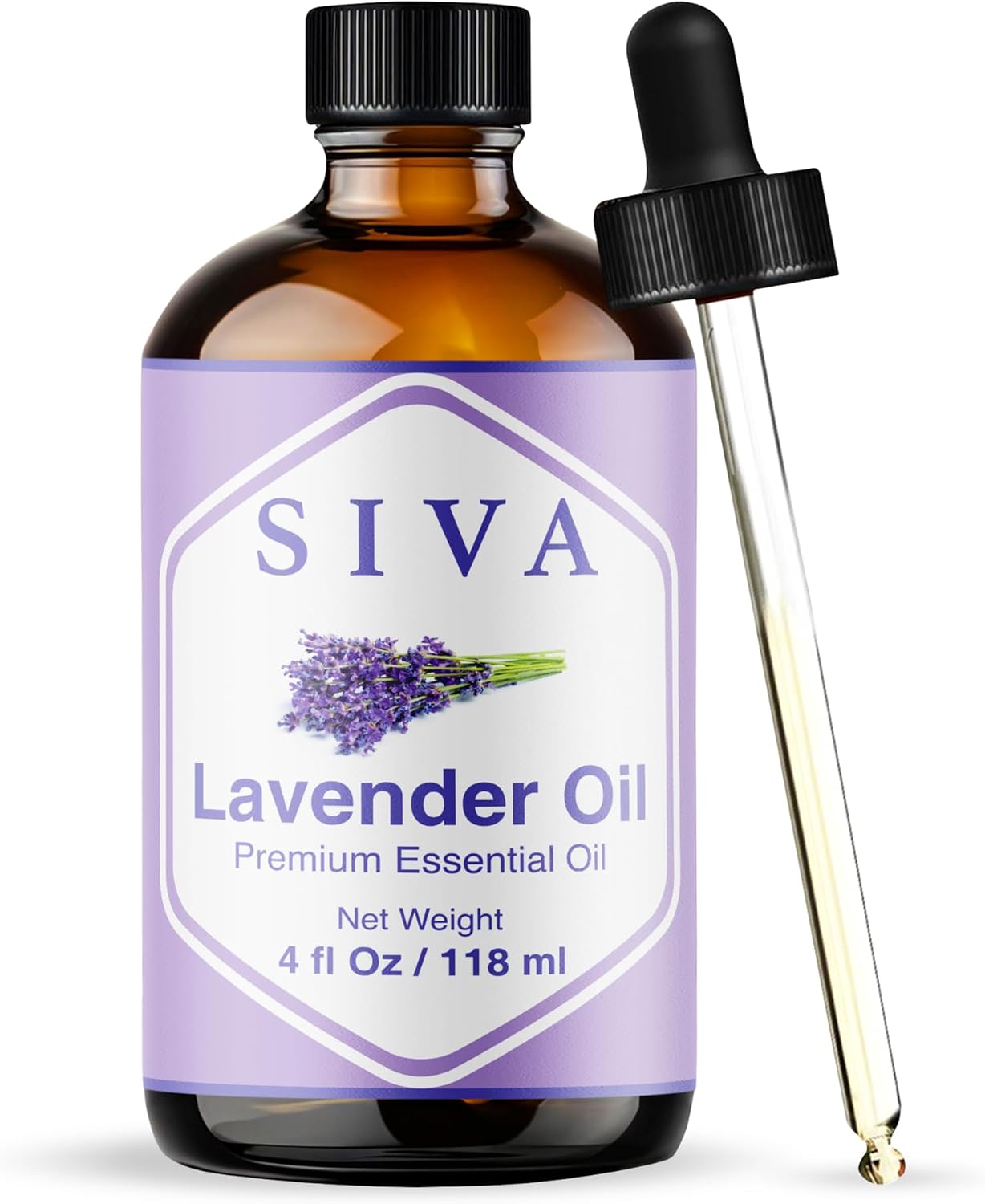 Detalle de SIVA Lavender Essential Oil, 4 fl oz Amber Glass Bottle with Dropper