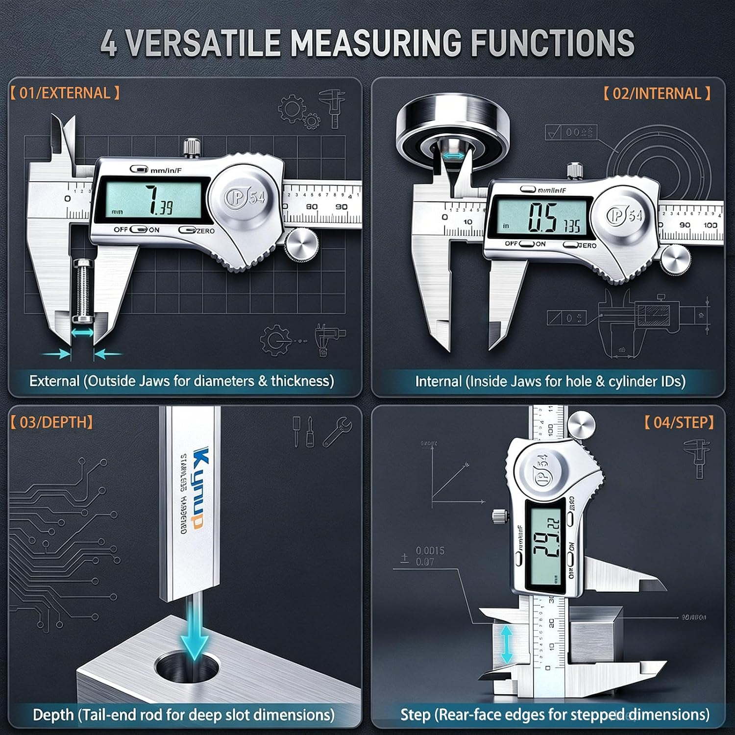 Detalle de Kynup Digital Caliper (6 Inch) with Large LCD, IP54 Splash Proof, Inch/Metric Fraction Switch