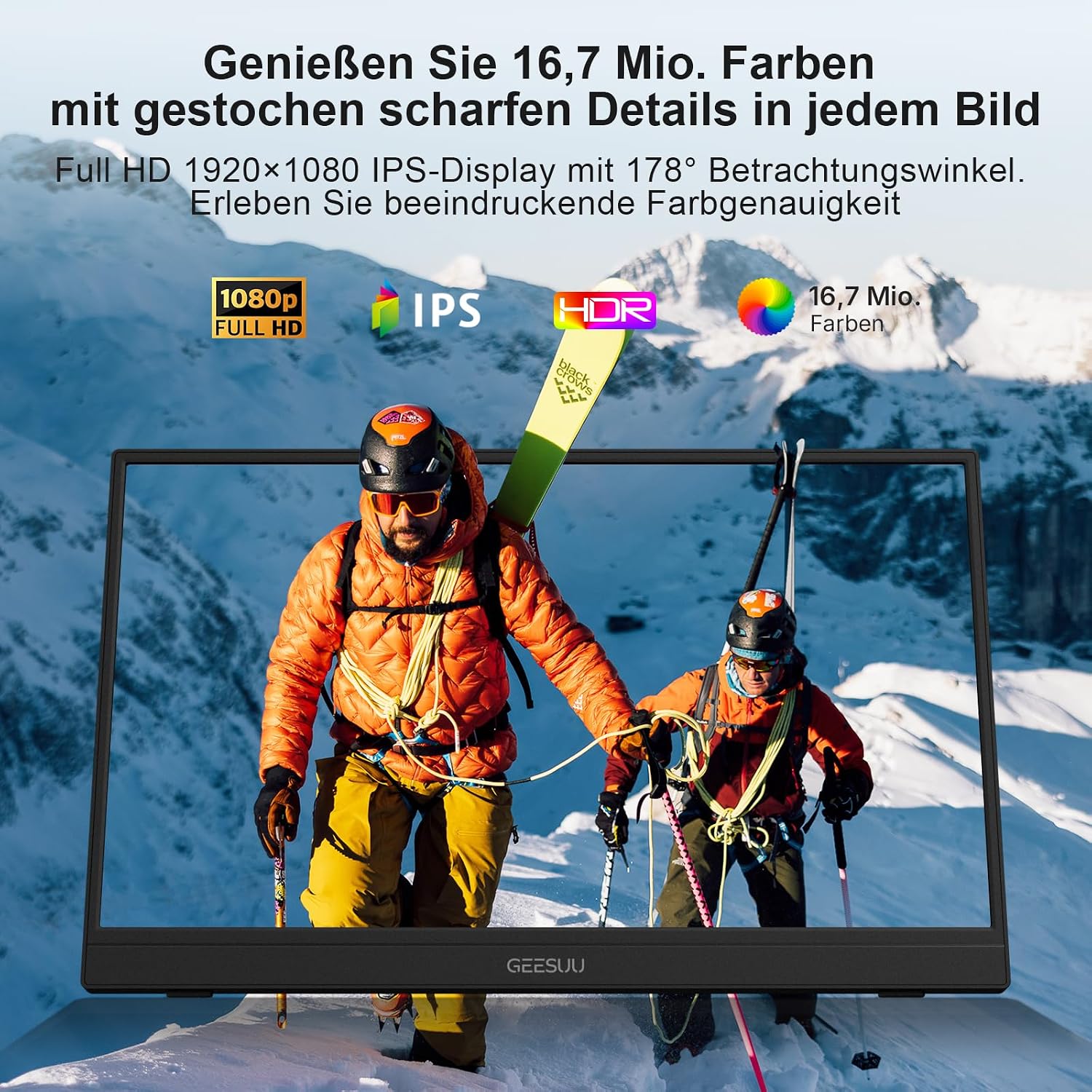 Detalle de GEESUU 15,6 Zoll tragbarer Monitor – FHD IPS Display, HDR, USB-C/HDMI, integrierte Lautsprecher