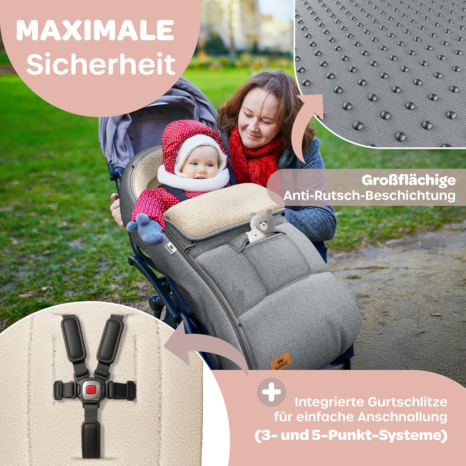 Detalle de Kidiz Babyfußsack Winter für Babyschale & Kinderwagen (Jeans Grau) mit Reißverschluss und verschließbarem Kopfteil