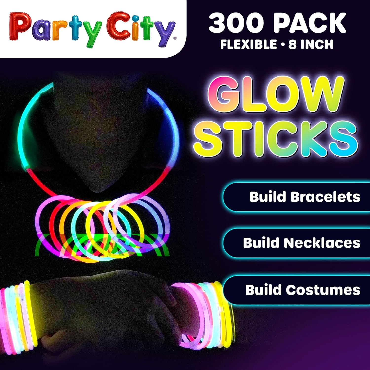 Thumbnail 1 de Party City 300 Glow Sticks Bulk Pack 8" glow sticks 🎉