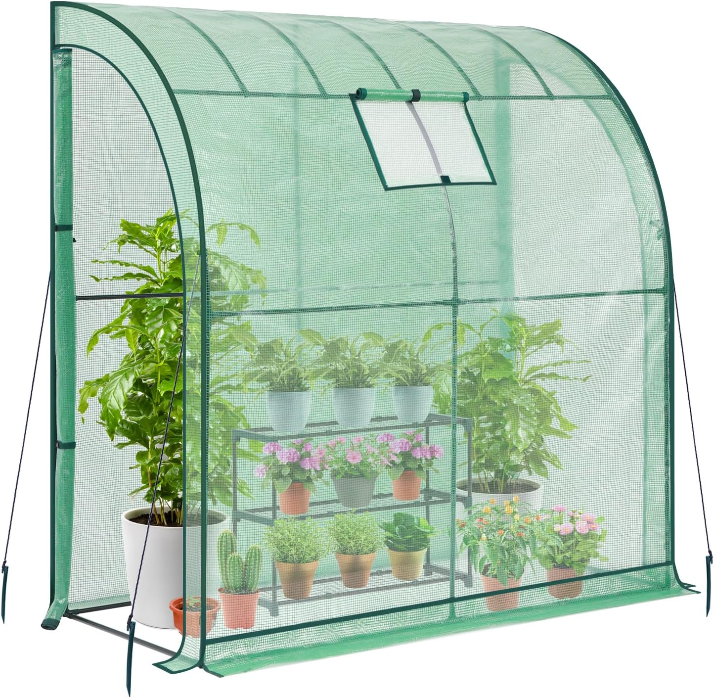 Detalle de Ohuhu portable lean-to greenhouse with free 3-tier shelving unit, mesh windows and double roll-up zip doors (200 x 100 x 210 cm)