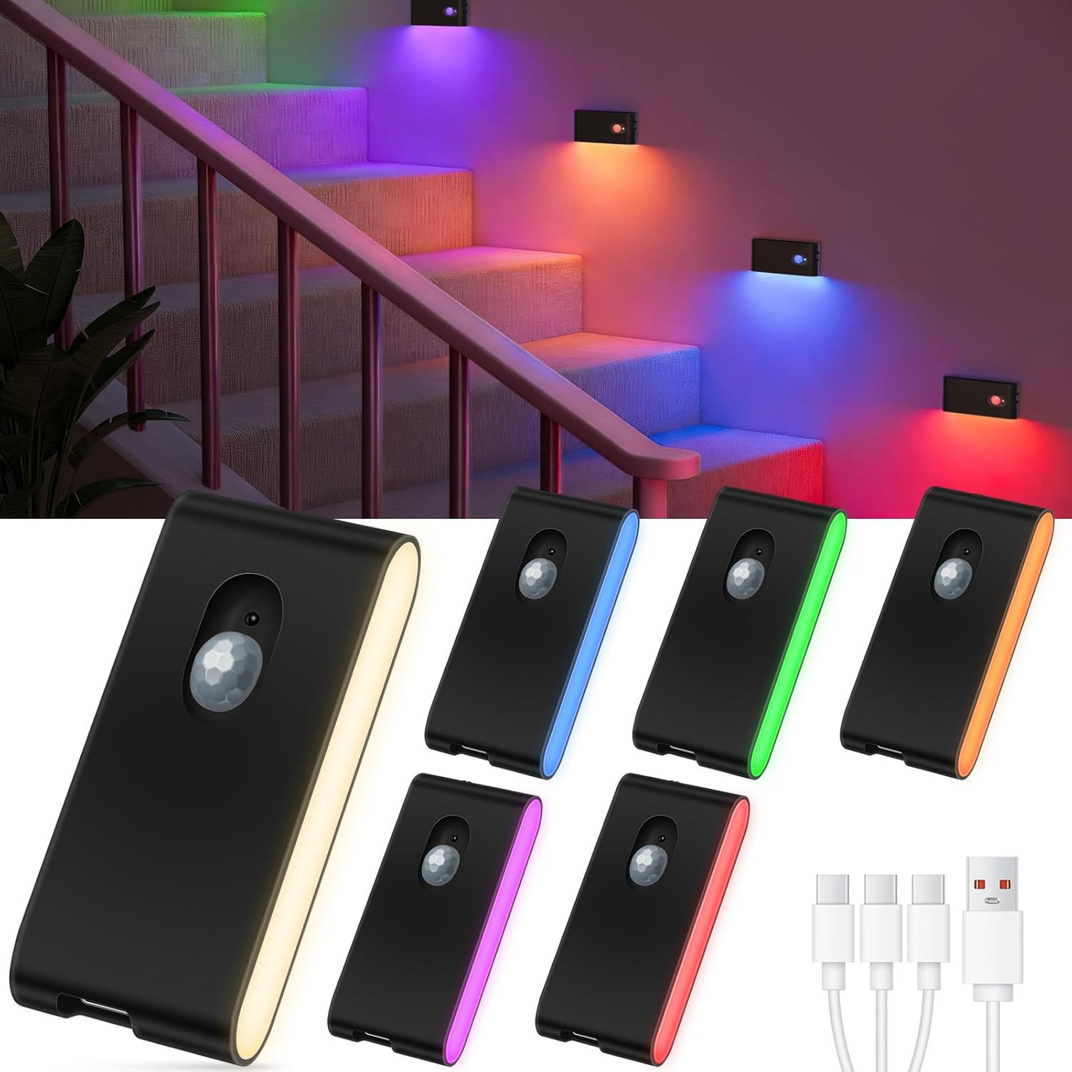 Detalle de WILLED Treppenbeleuchtung mit Bewegungsmelder – RGB & Warmweiß Aufladbares Nachtlicht für innen