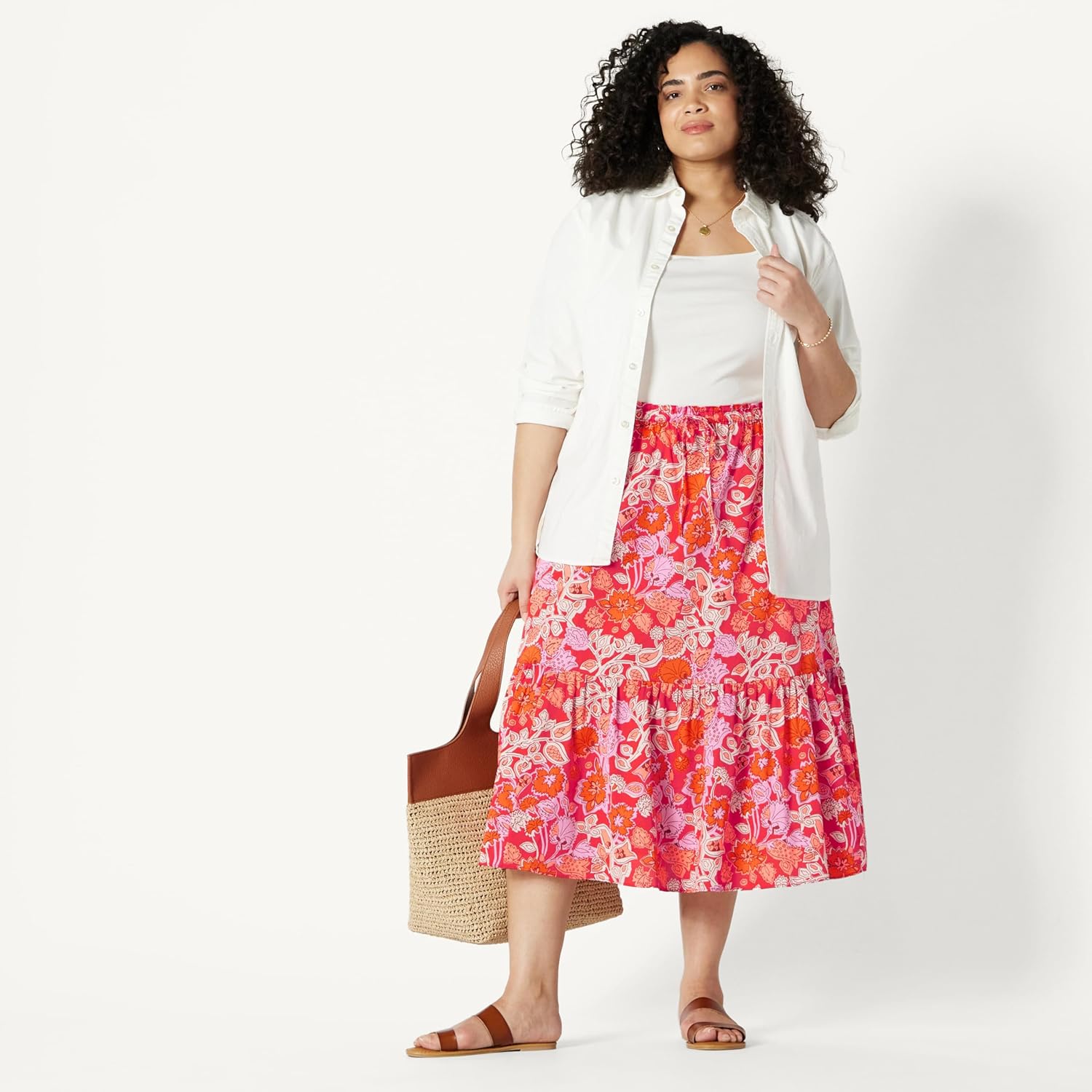 Detalle 2 de Amazon Essentials Damen Mid-Rise A-Linie Baumwollsatin Midi-Rock mit Stufenvolumen