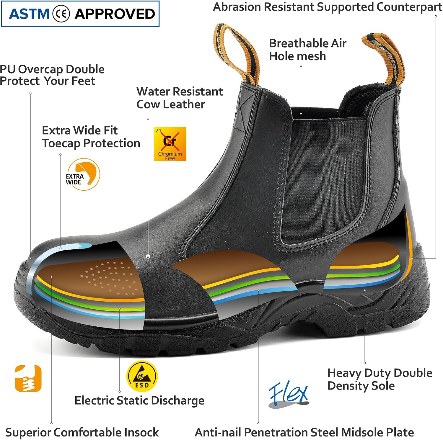 Detalle de SAFETOE Water Resistant Safety Work Boots (8025) – CE Certified S3 Steel Toe, Light & Wide Fit, Black