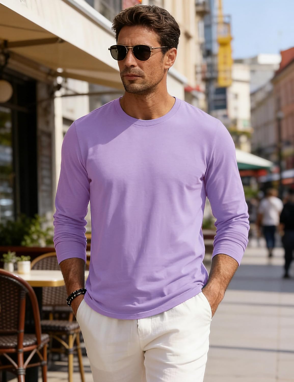 Detalle de EKLENTSON Herren Langarm-T-Shirt aus gekämmter Baumwolle mit Rundhalsausschnitt – Basic Regular Fit