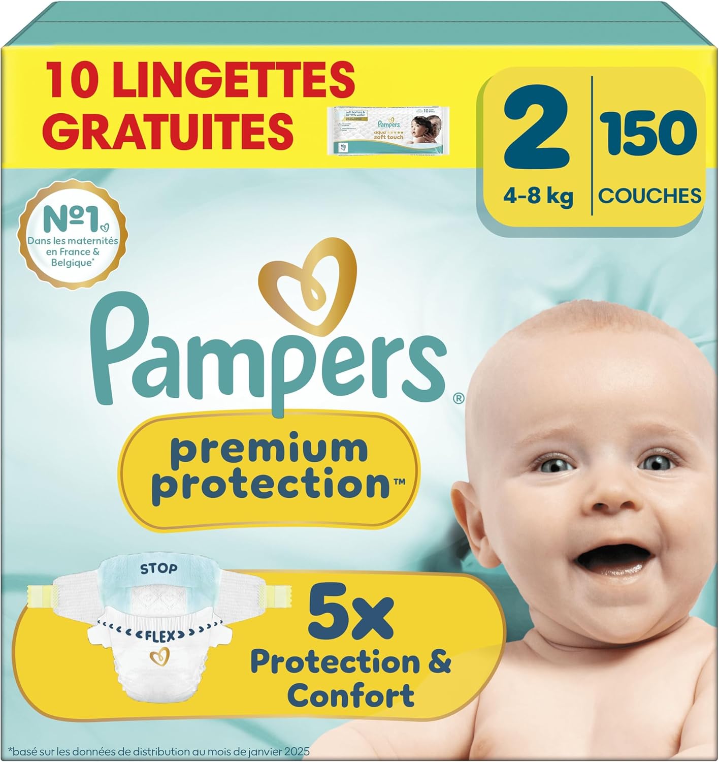 Detalle de Pampers Premium Protection Taille 2 – 150 Couches (4-8 kg) avec 10 lingettes Aqua Soft Touch offertes